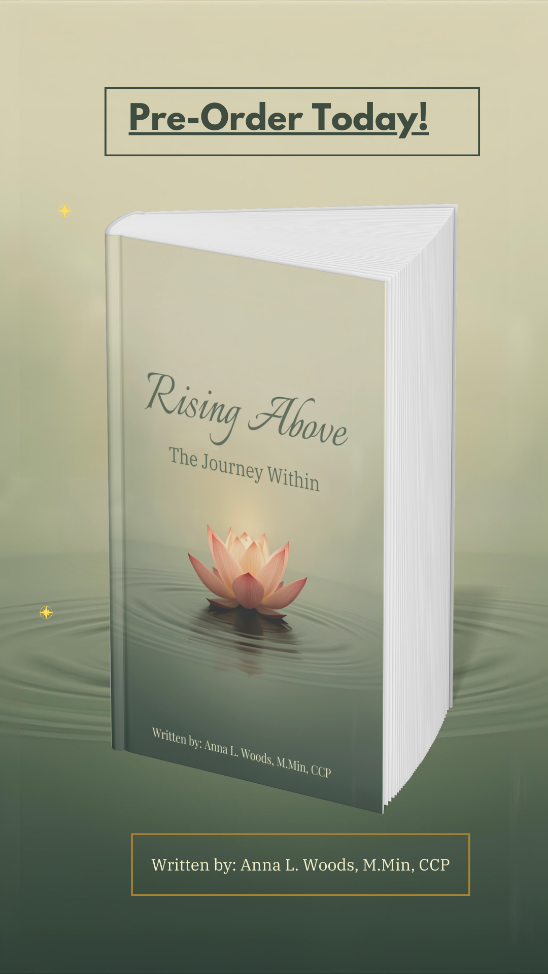 A promotional poster for a book titled 'Rising Above: The Journey Within' by Anna L. Woods. The poster features an image of the book  floating on water with ripples, and has a green and beige color scheme with the phrase 'Pre-Order Today!' at the top.