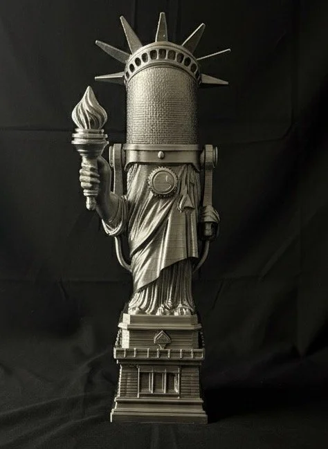 The LIBBY Award trophy, a vintage microphone styled as Lady Liberty