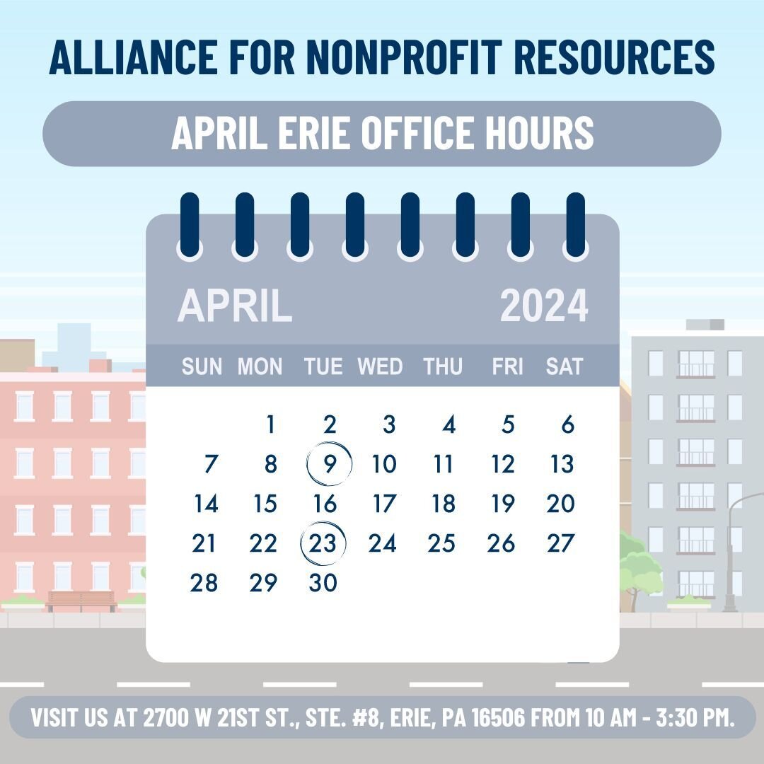 Reminder! If you are seeking nonprofit assistance in the Erie area, ANR is here to provide complimentary consultations from a Certified Nonprofit Professional at our Erie office! Every second and fourth Tuesday of each month from 10 AM to 3:30 PM, ou