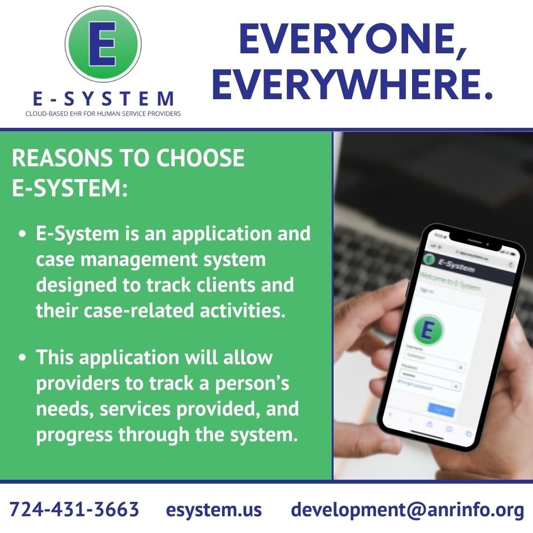 E-System is an Electronic Health Record system that has a menu of services that can be customized to fit your organization&rsquo;s needs. E-System is built to help your organization track and manage information more effectively.
 
Call 724-431-3761 o