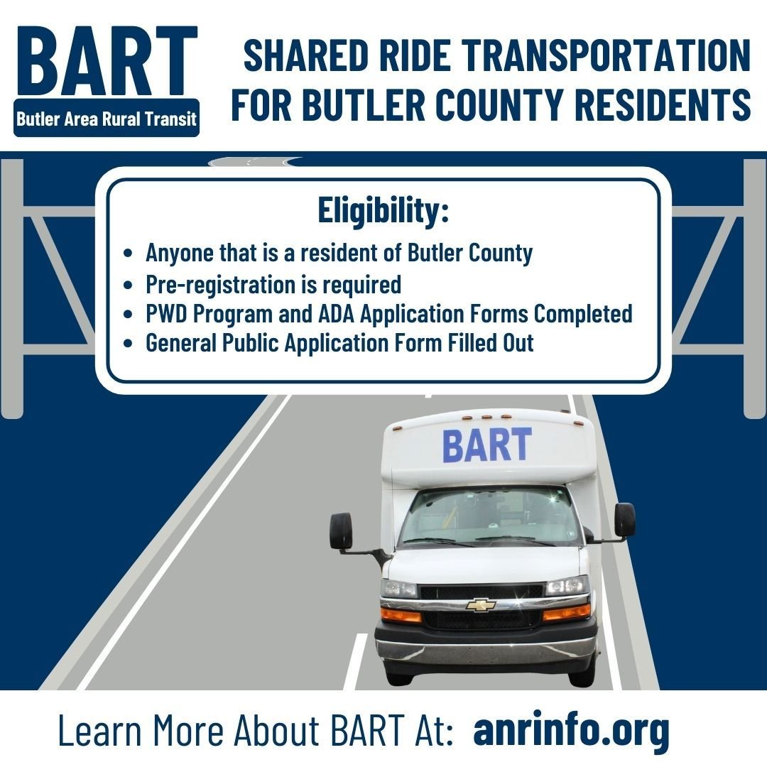 Butler Area Rural Transit (BART) is here to assist you in reaching your destination! BART is dedicated to serving our community. Need to get somewhere? Schedule a ride today!
 
Visit https://www.anrinfo.org/anr-transport-bart to learn more.
 
Your Mi