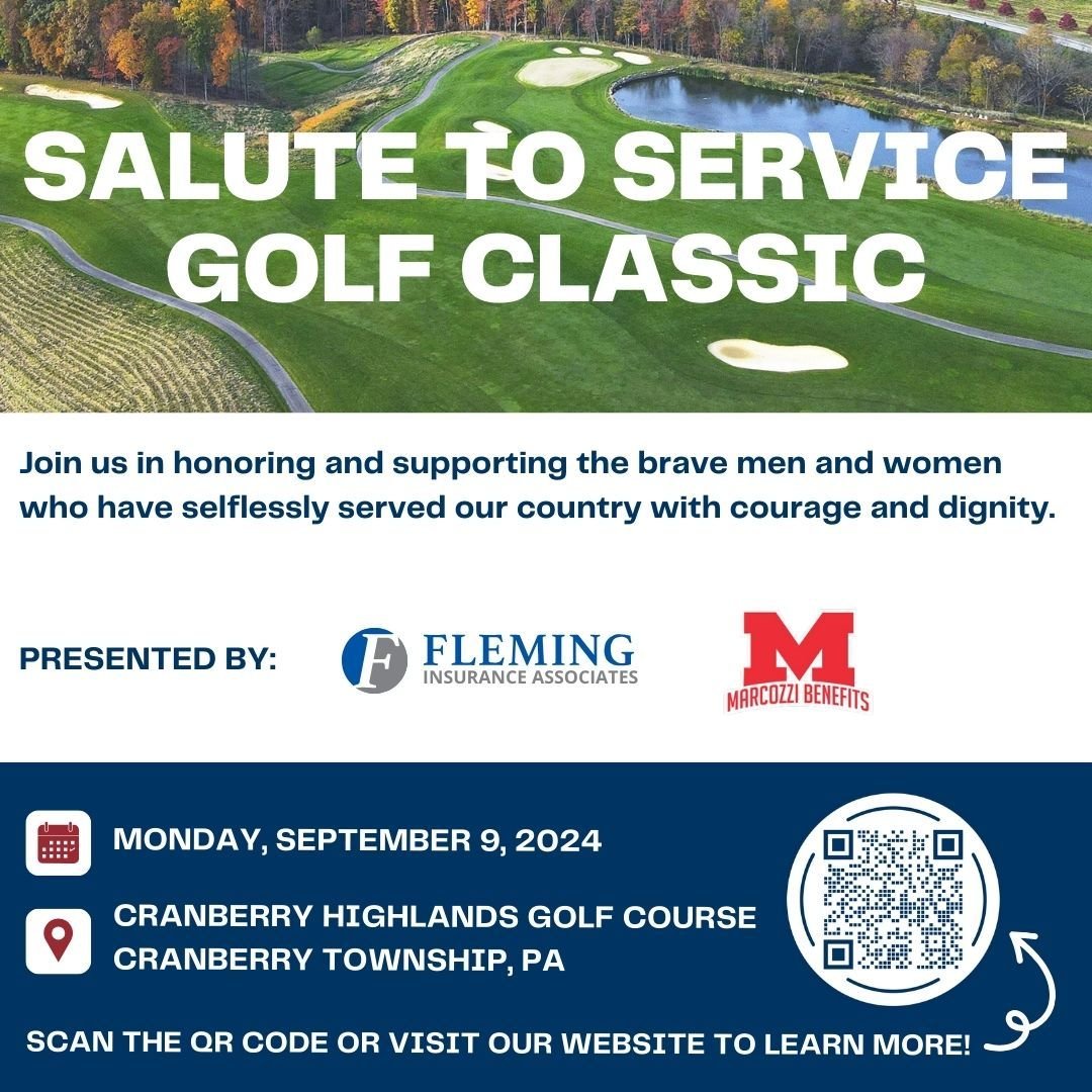 Swing to support Veterans programs at the 2024 Salute to Service Golf Classic! Join us on September 9, 2024, at Cranberry Highlands Golf Course. Registration kicks off at 8:30 am followed by a shotgun start at 10 am. Let's tee off for our veterans! R