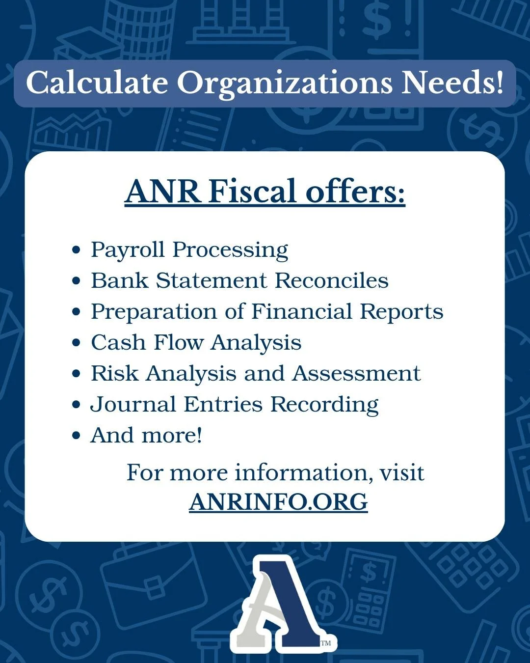 ANR&rsquo;s Fiscal team can help nonprofit organizations with their bookkeeping, financial reports, and so much more. As a nonprofit ourselves, we understand nonprofit financials and our team is here to help your organization with our expertise.

---
