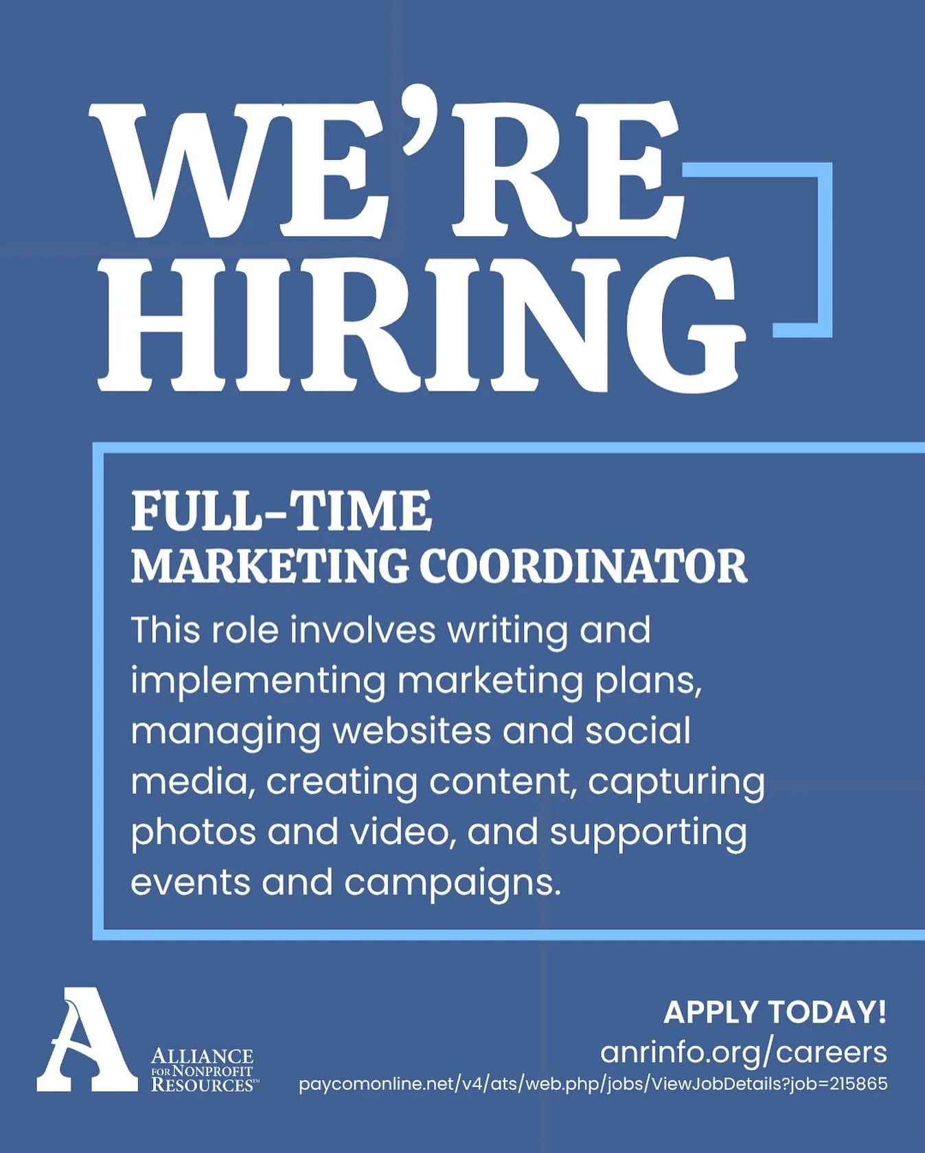 We&rsquo;re hiring a full-time Marketing Coordinator!

This role supports the marketing efforts of Alliance for Nonprofit Resources, Nonprofit Development Corporation, and partner organizations. Responsibilities include writing and implementing marke