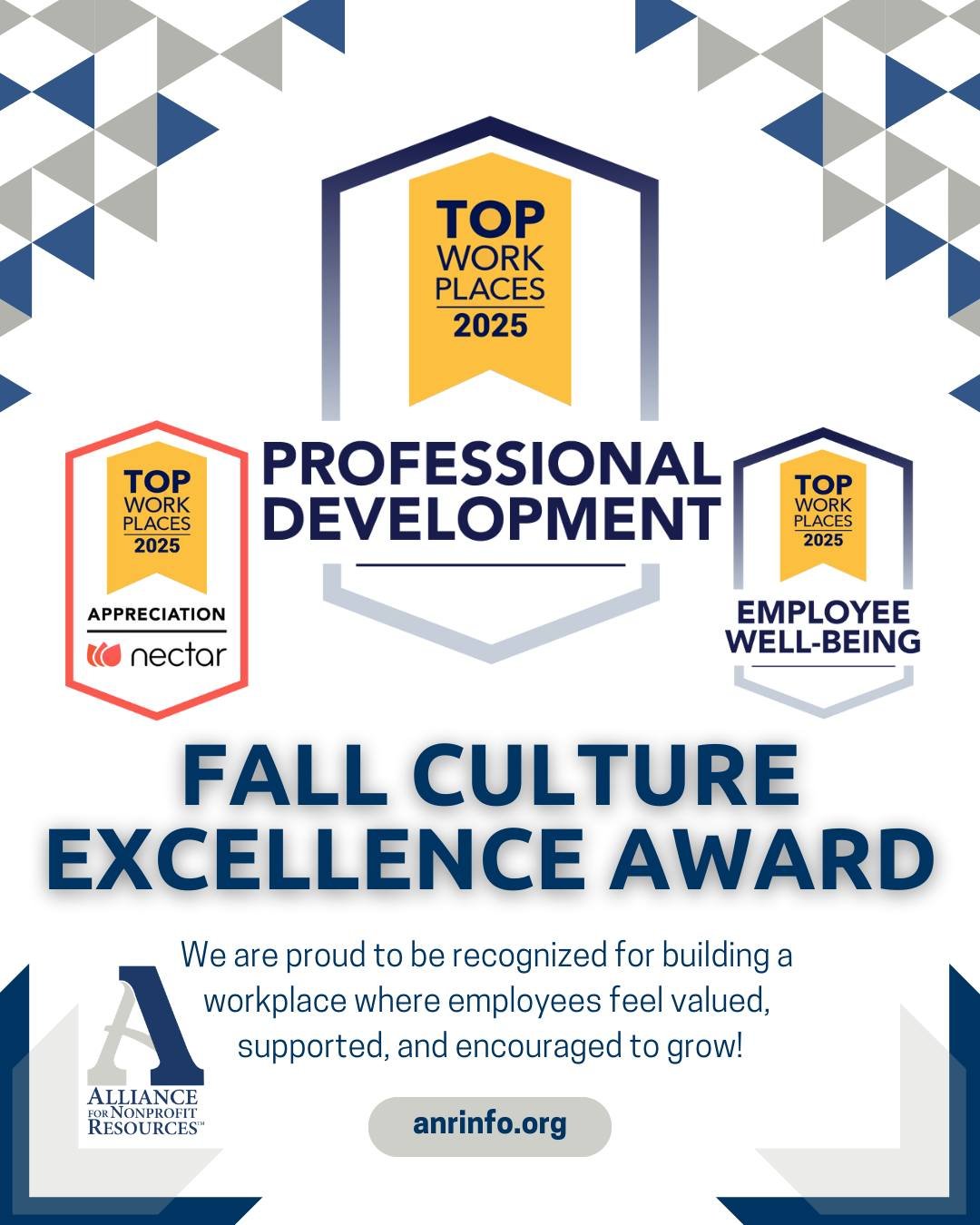 We're excited to share that we've received the 2025 Fall Culture Excellence Awards for Employee Appreciation, Employee Well-Being, and Professional Development!

These awards are based on what our employees have shared, demonstrating our commitment t