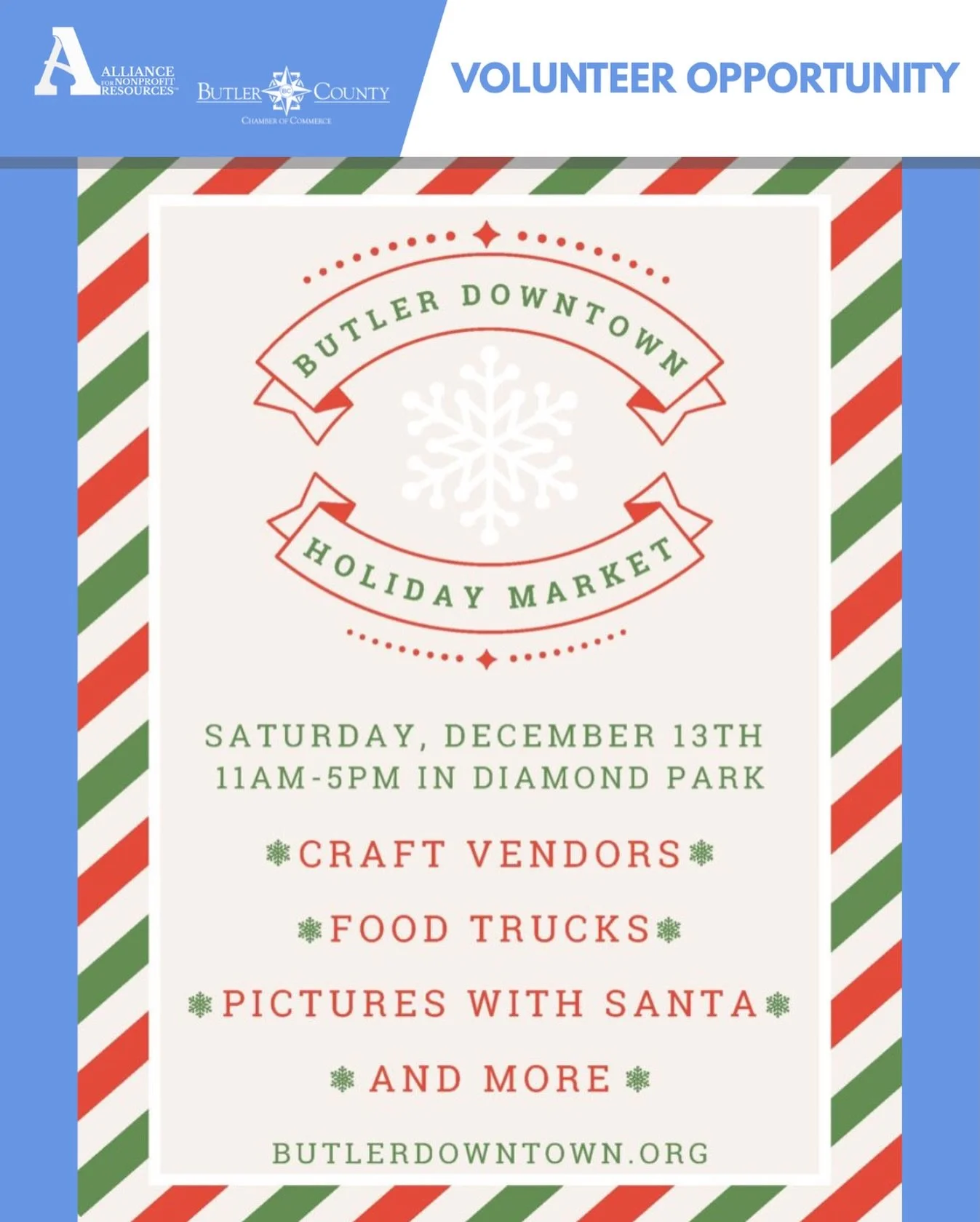 Butler Downtown is in need of volunteers for the annual Holiday Market on December 13th. Volunteer roles include event set up, gift wrapping, helping at the hot chocolate table, and more. It is a great way to support the community and be part of a lo