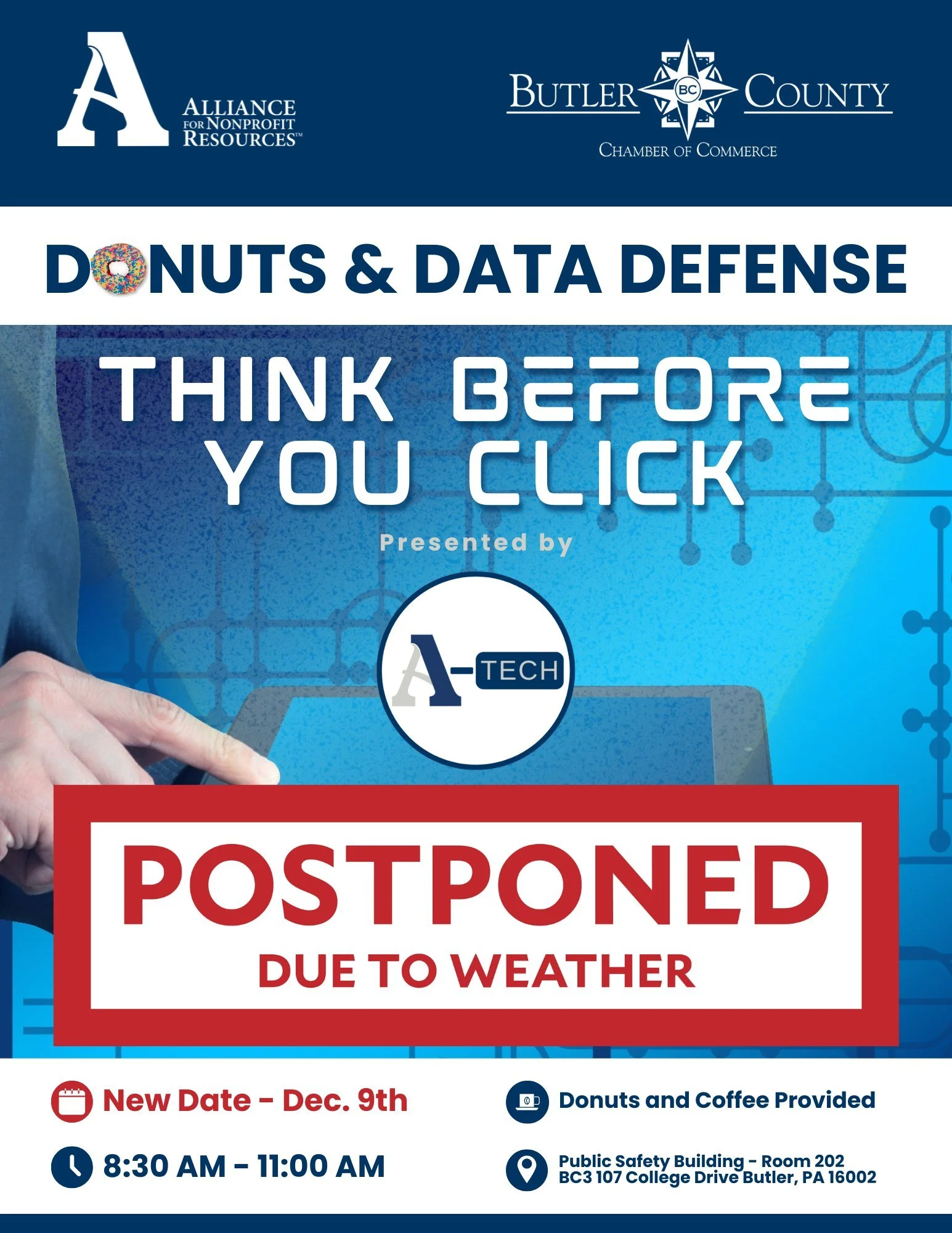 Due to the expected snowfall, our Donuts &amp; Data Defense training has been postponed. The new date is Tuesday, December 9. The event will take place at the same time and location.

Haven't registered yet? You still can! Link in bio.

We look forwa