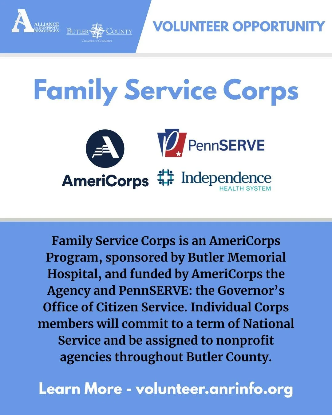 New Volunteer Opportunity! Family Service Corps is offering @americorps service opportunities in Butler County. These positions allow individuals to serve at local nonprofits while earning a living allowance and education award. Veterans are encourag