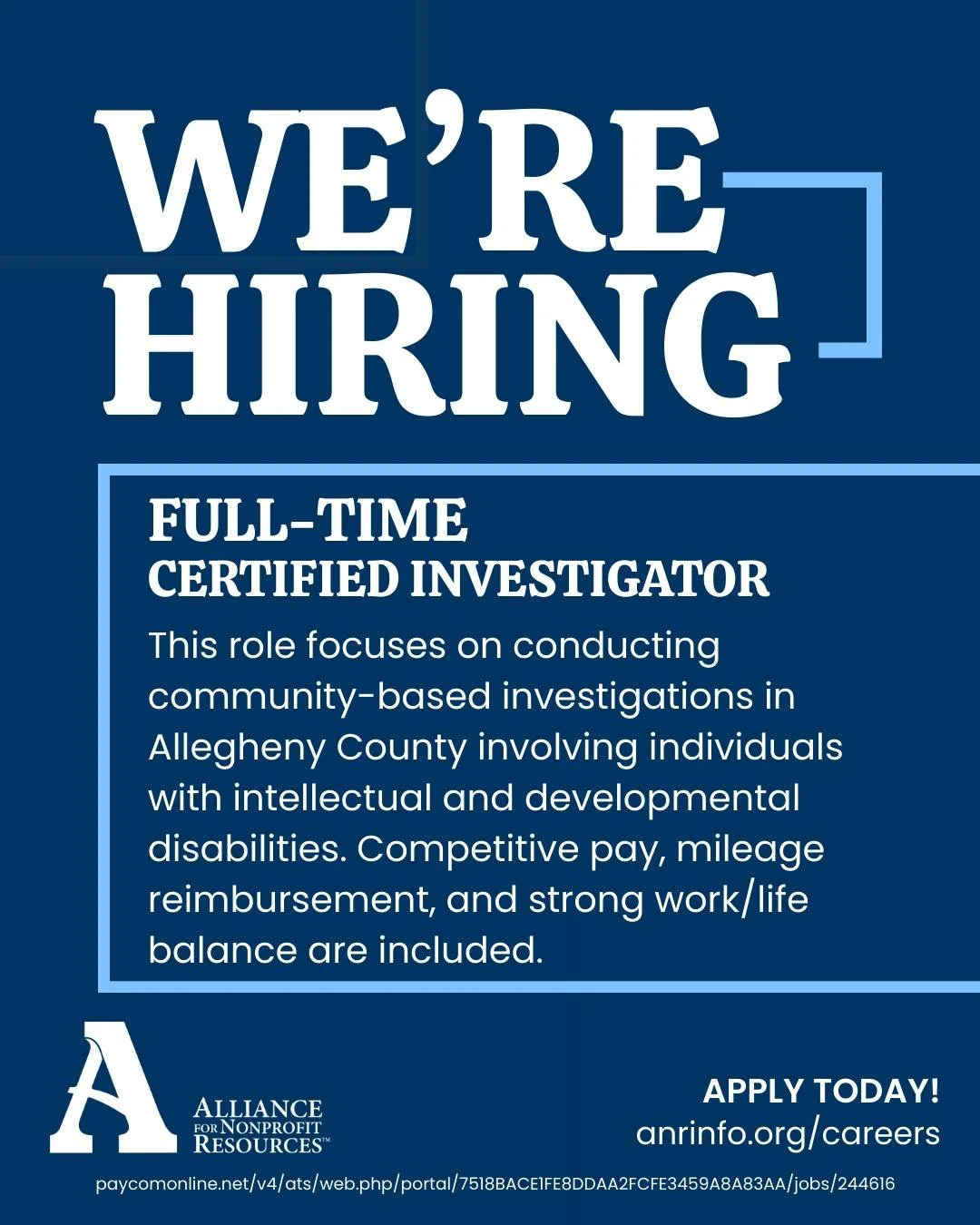 ANR is hiring a full-time Certified Investigator to join our growing Certified Investigation Department in Allegheny County. This role focuses on conducting community-based investigations involving individuals with intellectual and developmental disa