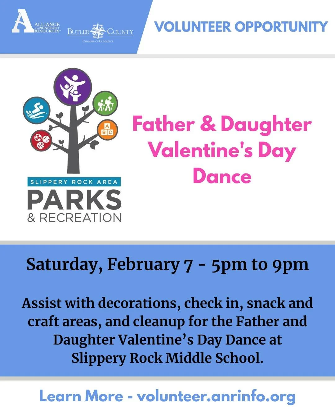 @srareaparksrec is looking for volunteers to help with their Father and Daughter Valentine&rsquo;s Day Dance on Saturday, February 7 from 5pm to 9pm at Slippery Rock Middle School. Volunteers will assist with setup, check in, snack and craft areas, a
