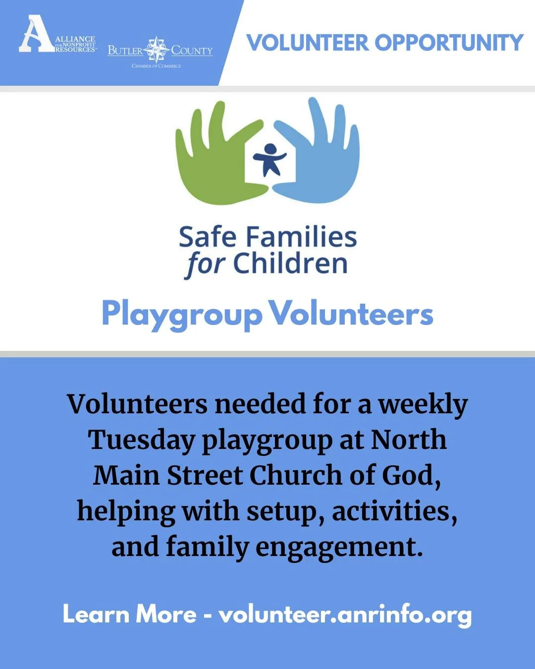 Safe Families for Children is looking for volunteers to help with a weekly playgroup on Tuesdays at North Main Street Church of God. Volunteers assist with setup, activities, and spending time with families during the morning playgroup.

Learn more a