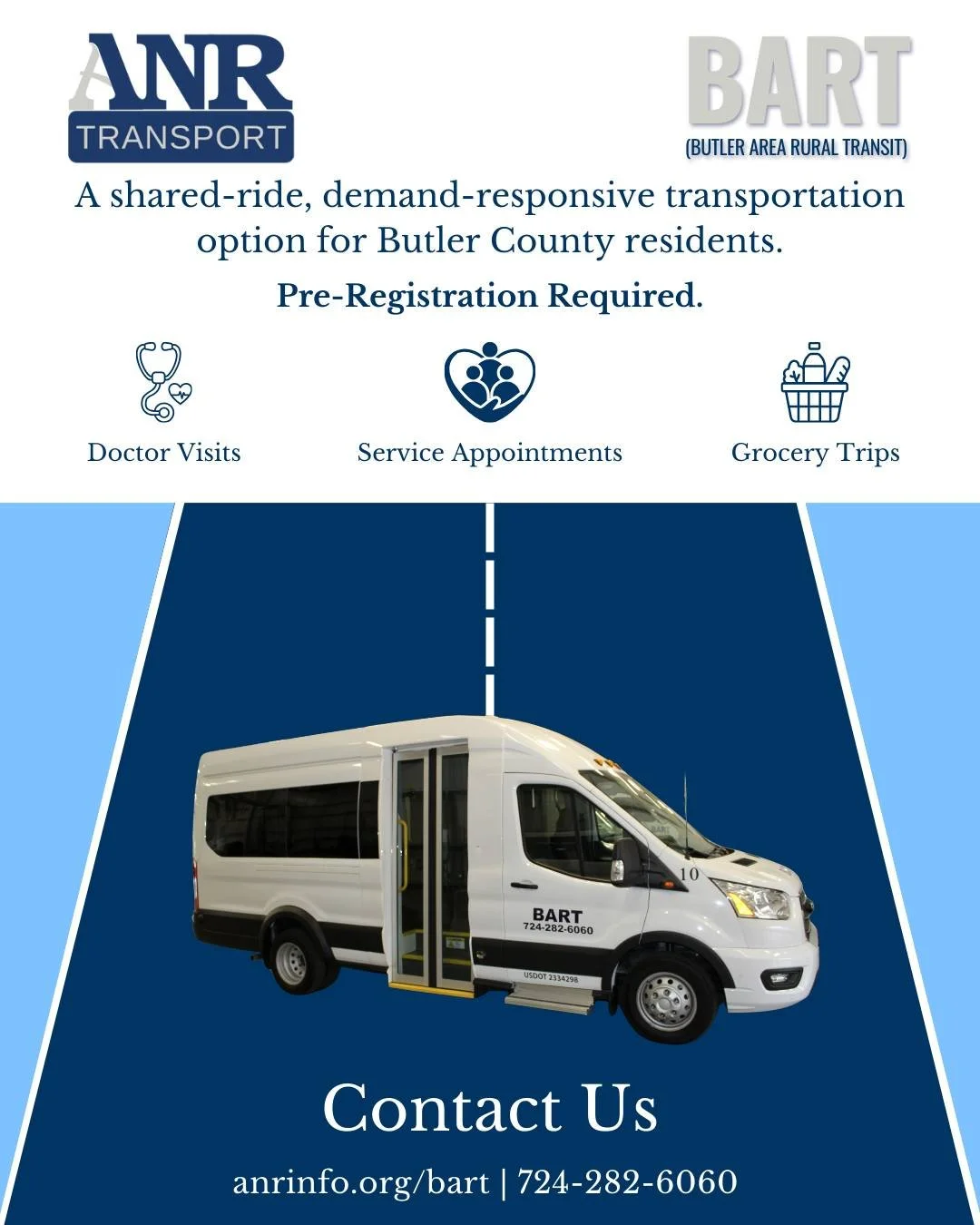 Reliable transportation helps people stay connected to work, healthcare, and other essential services across Butler County, and we are here to help! 

Butler Area Rural Transit is a shared-ride, demand-responsive transportation option for Butler Coun