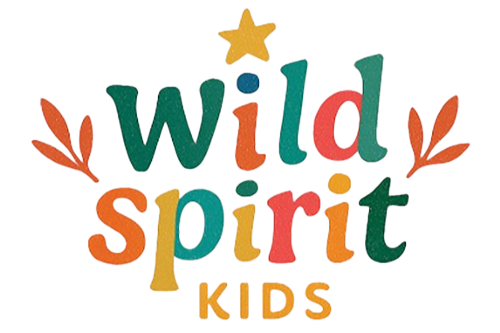 Colorful text reading "Wild Spirit Kids" with decorative stars and leaves in the background.