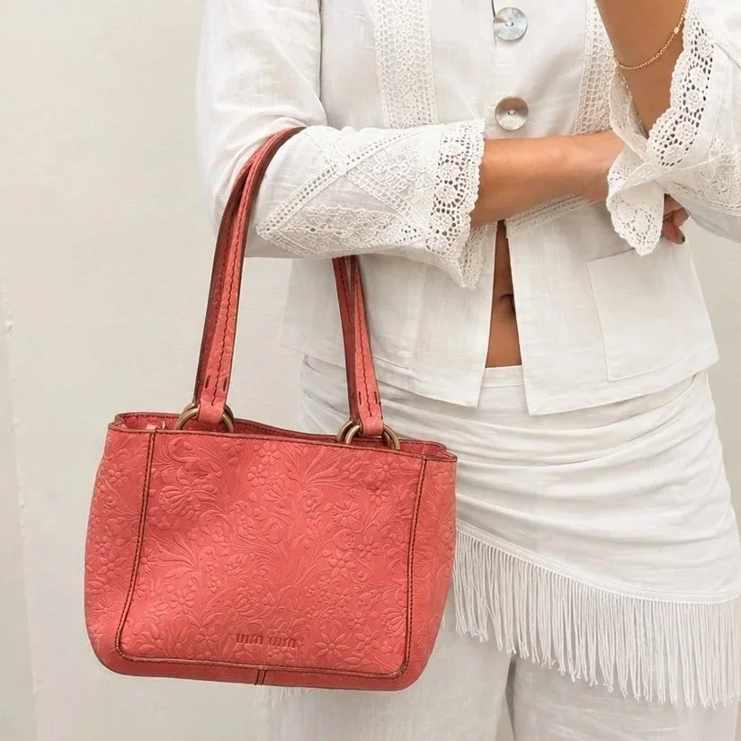 Miu Miu Embossed Floral Leather Tote