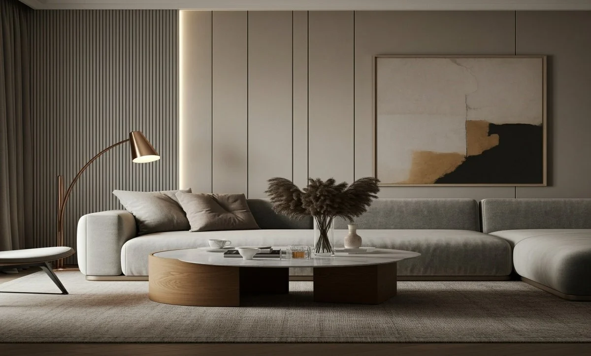 Sala de estar moderna com sofá cinza, mesa de centro de madeira e vaso com plantas secas, quadro abstrato na parede e luminária de piso de metal