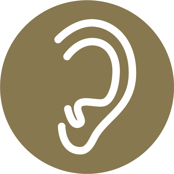 Ícone de ouvido branco sobre fundo marrom, representando audição ou ouvido.
