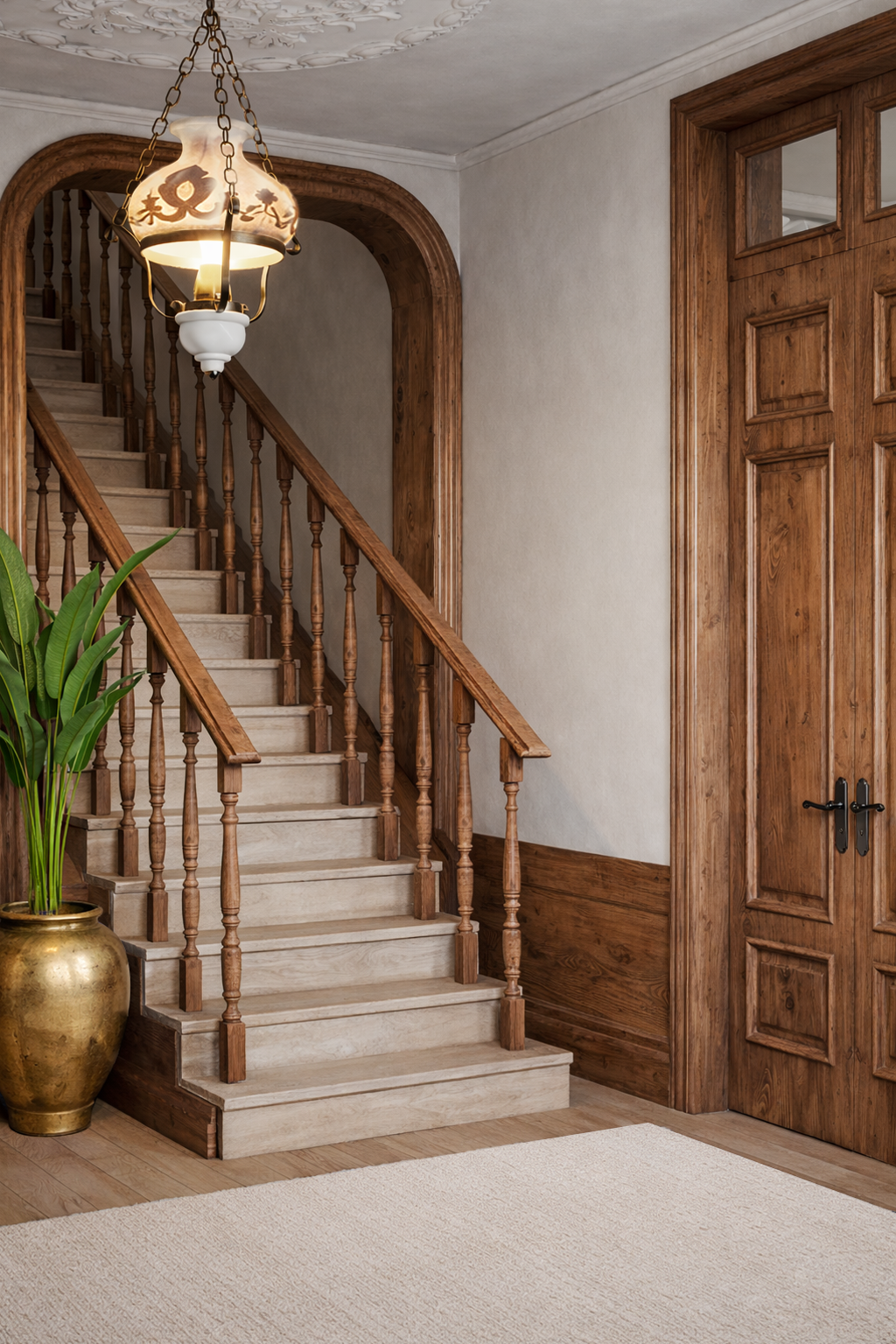 Interior de uma casa com escada de madeira, um abajur pendurado com detalhes florais, uma planta em um vaso dourado, parede branca, porta de madeira ao lado e tapete bege no chão.