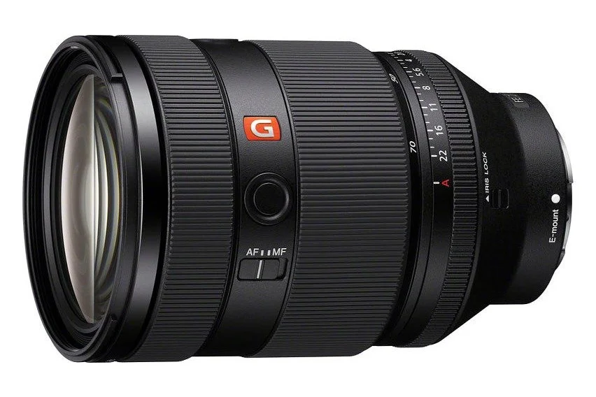 Sony FE 28-70mm f/2 GM zoom lens, side view.