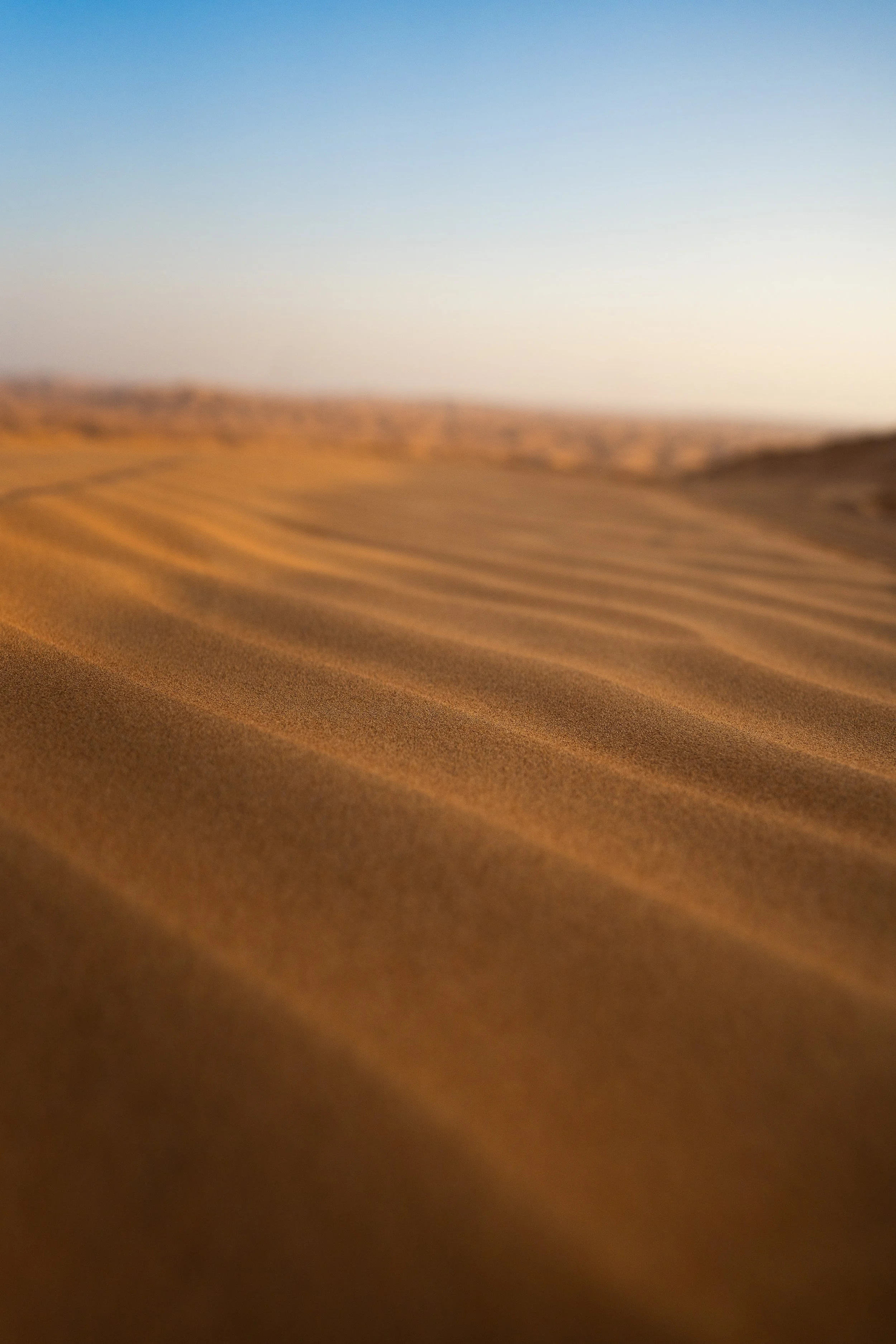 Close-up of sand dunes in a desert with a clear blue sky in the background.