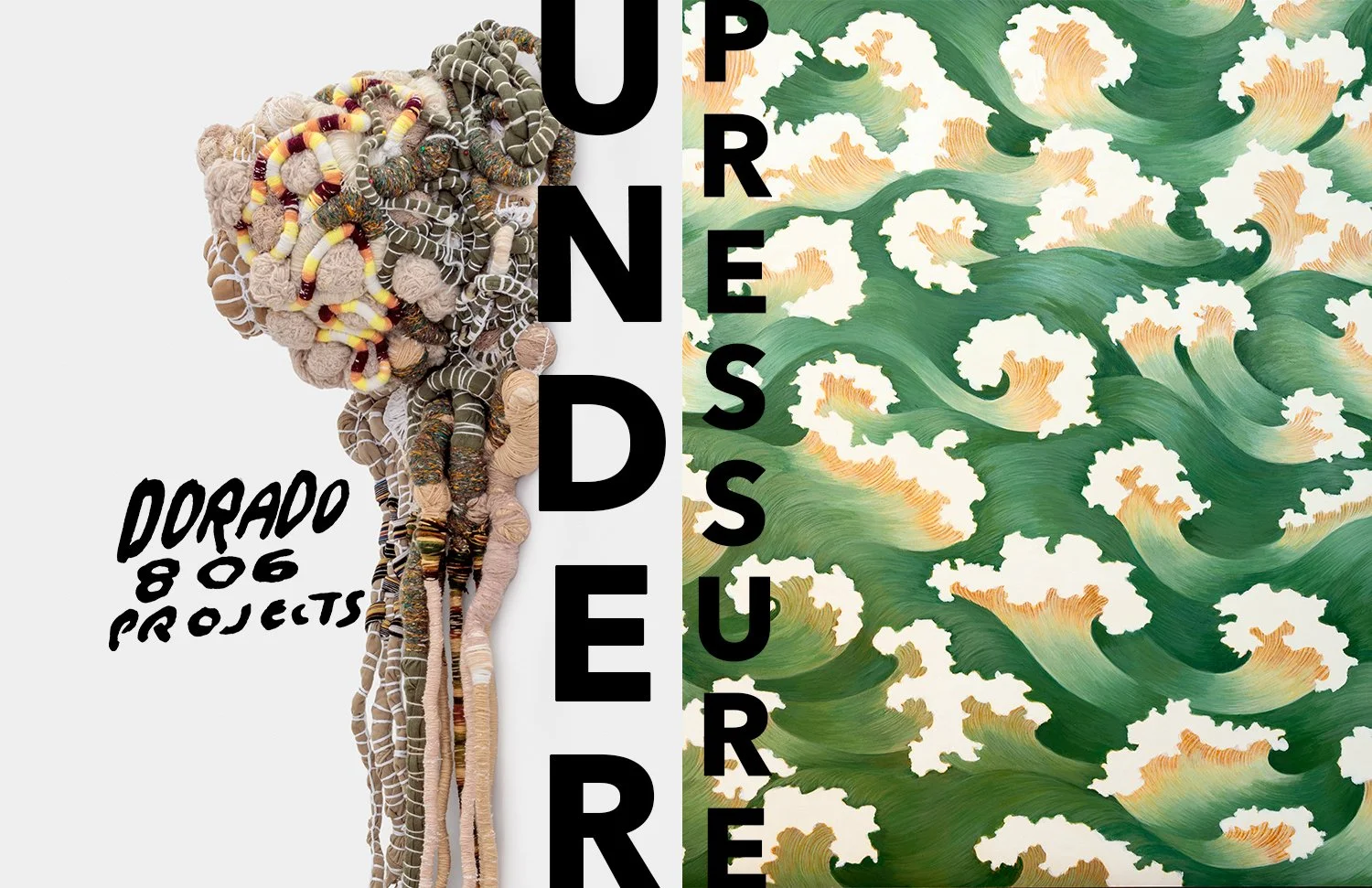 A split image with a sculpture of a human head made from various colorful and textured yarns on the left, and a patterned green, white, and beige fabric design on the right. Text overlays include