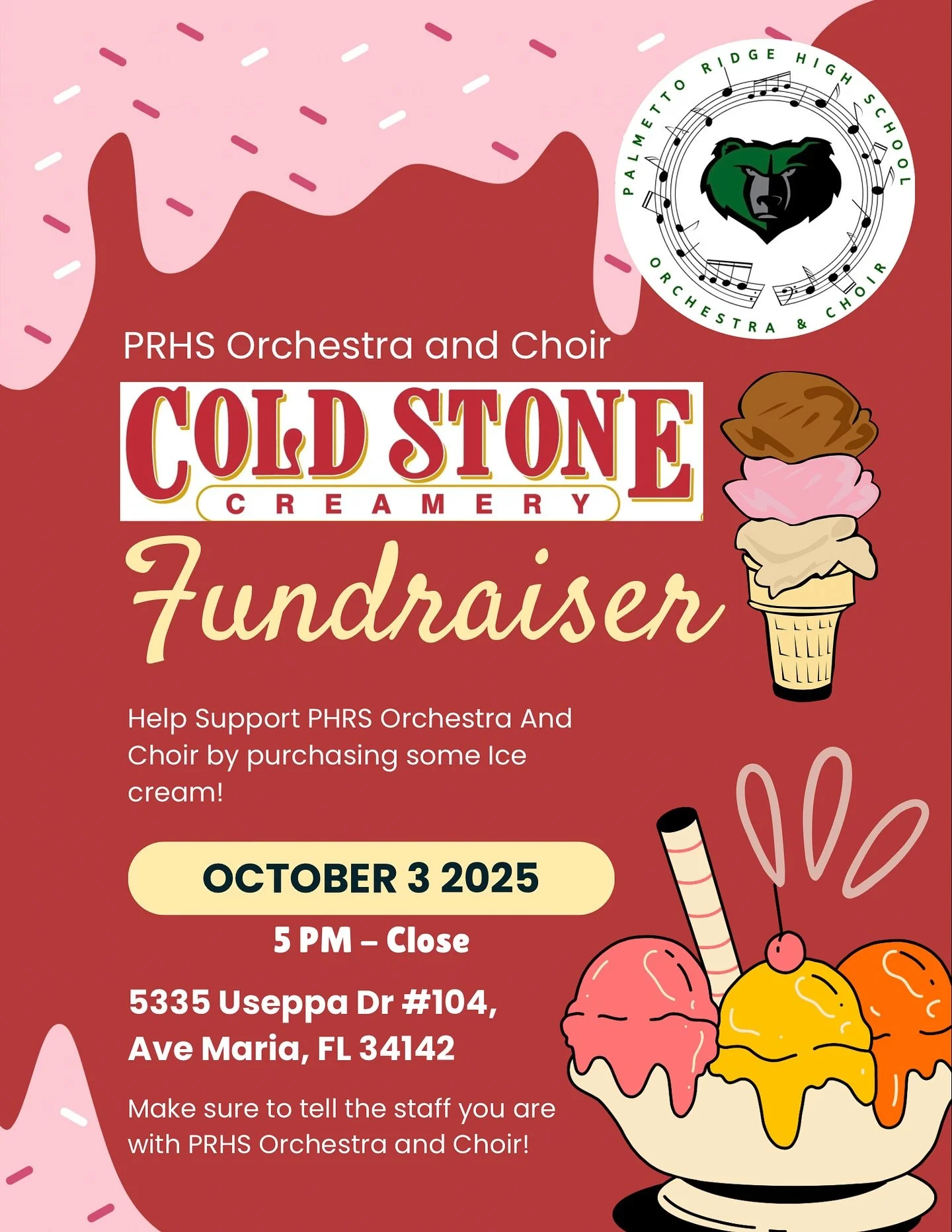 Tomorrow's the day! Our Cold Stone's fundraiser is happening from 5- close!! Mention you’re there for the PRHS Orchestra & Choir fundraiser and a portion of your purchase will go back to us!!