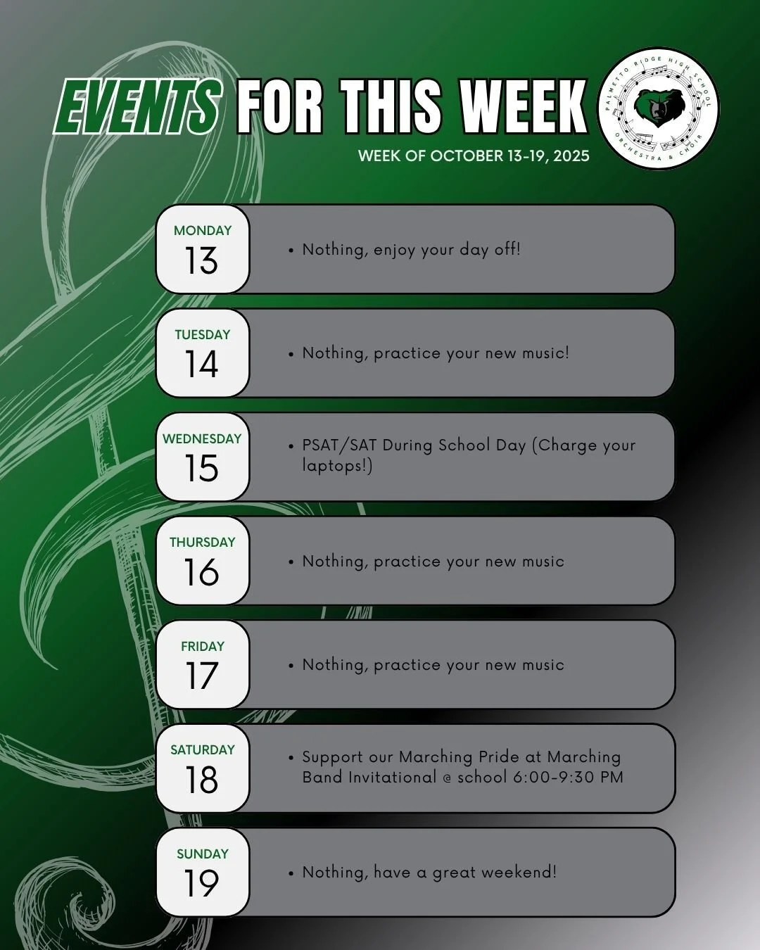 Nothing major happening in the orchestra/choir room but please keep an eye on Wednesday which will be the school wide PSAT/SAT test day for 9-11th graders! Don't forget to charge your laptops! 
Also, this weekend you have the change to go support ou