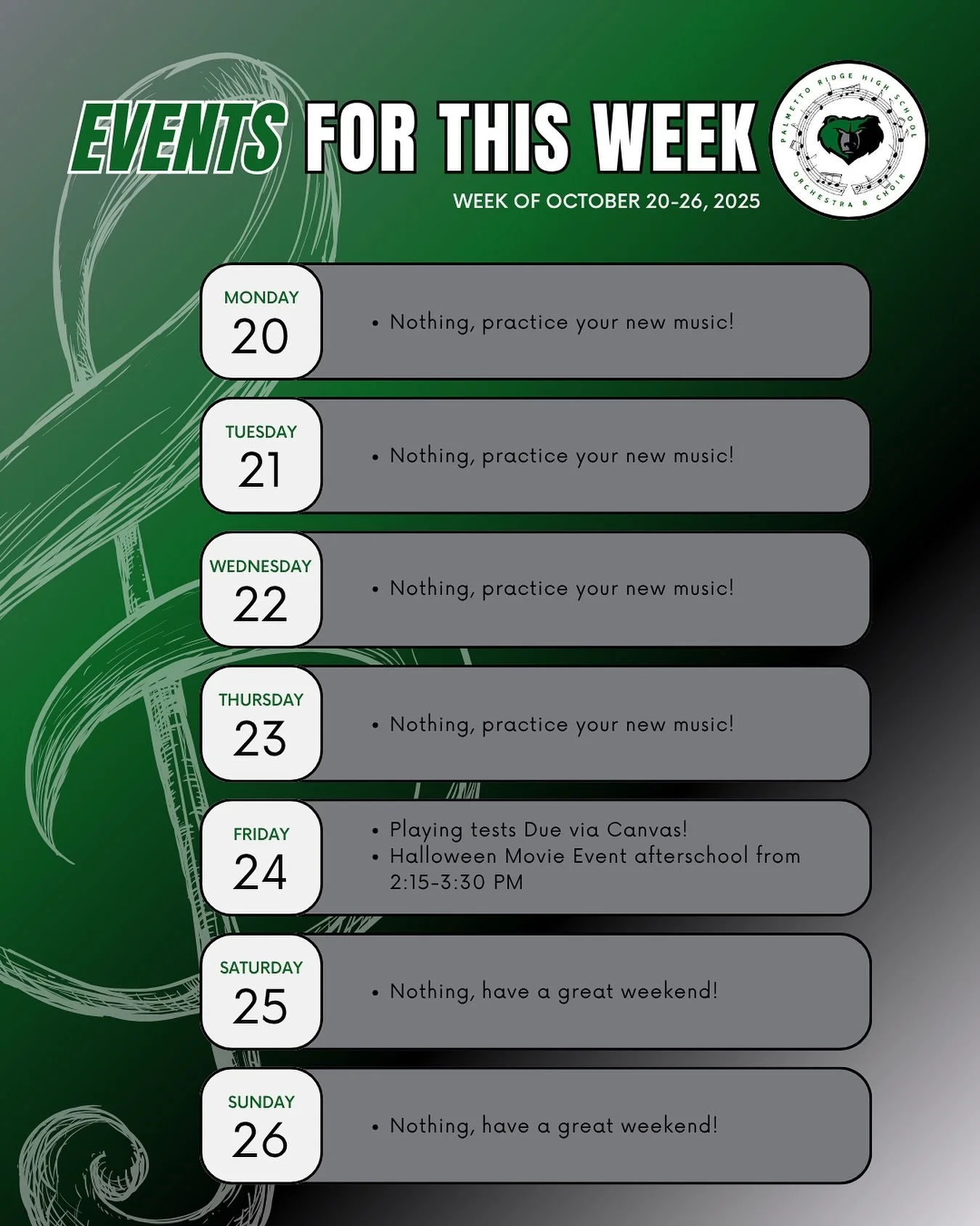 Good afternoon everyone! Not a lot happening this week except for Friday. Be on the lookout for assignments in Canvas tomorrow to submit your first playing test of the year! This will be due by Friday at Midnight and WILL BE A GRADE!! Also, your lead