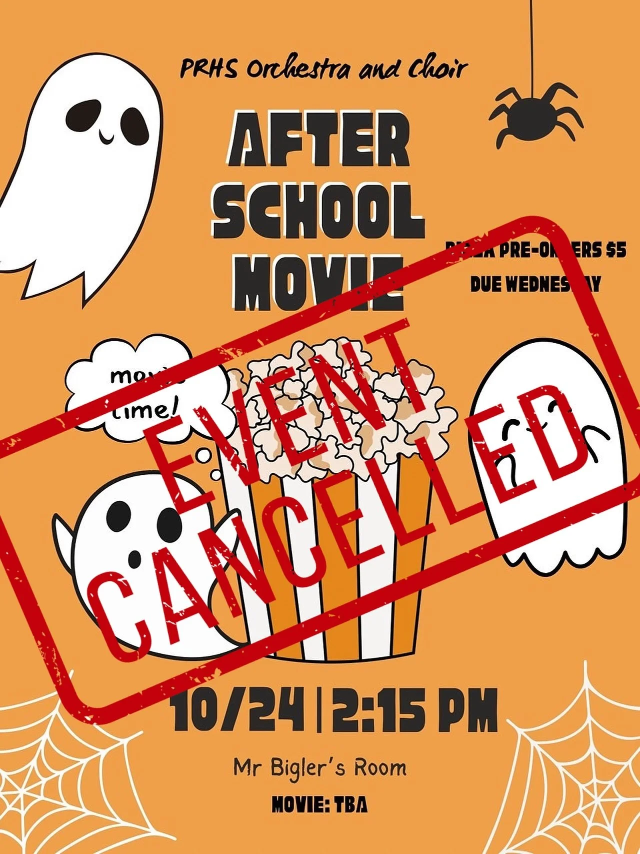 Due to the lack of interest in tomorrows after school movie event the leadership team has decided to cancel the event. We apologies for the late notice!