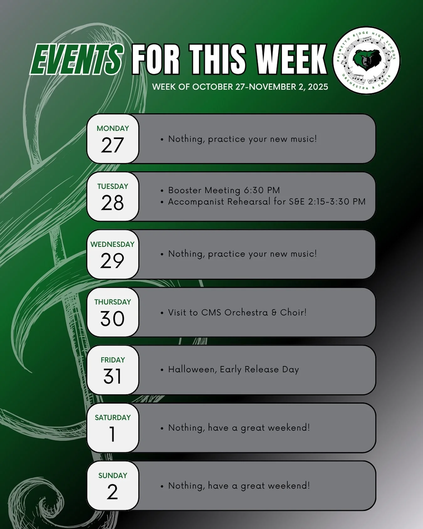 Here is the event calendar for this week. Be mindful of the booster meeting and after school s&e rehearsal on Tuesday as well as our visit to CMS on Thursday afterschool! Sign-ups for Thursday will go up tomorrow!! Tri-M students will get service