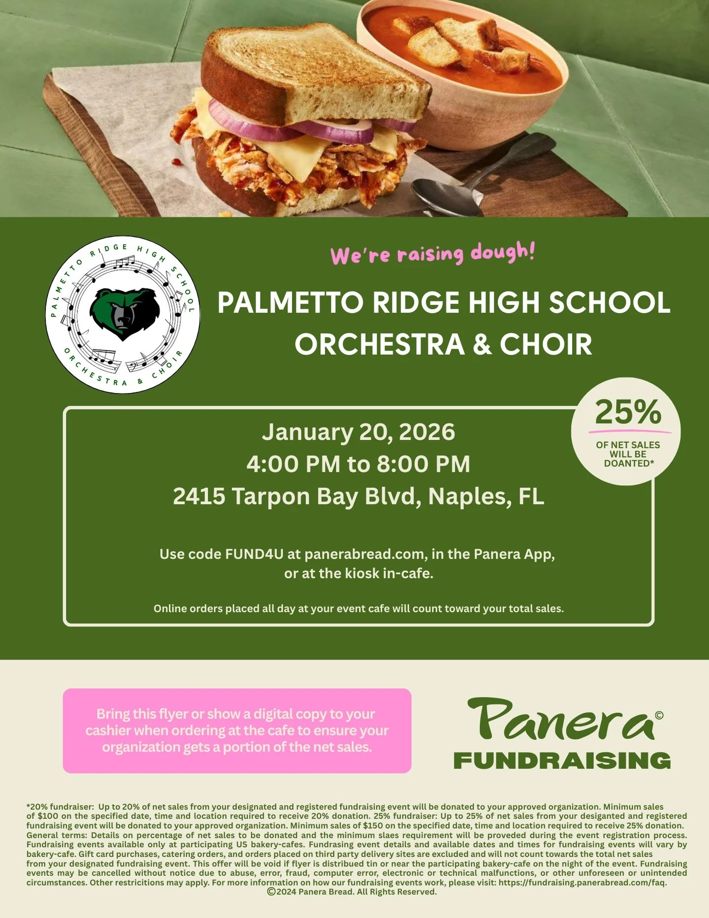 Don&rsquo;t forget to come out and support the Palmetto Ridge High School Orchestra &amp; Choir at our Panera Bread Fundraiser on January 20, 2026, from 4:00&ndash;8:00 PM at 2415 Tarpon Bay Blvd, Naples!

Enjoy a meal you love while supporting our a