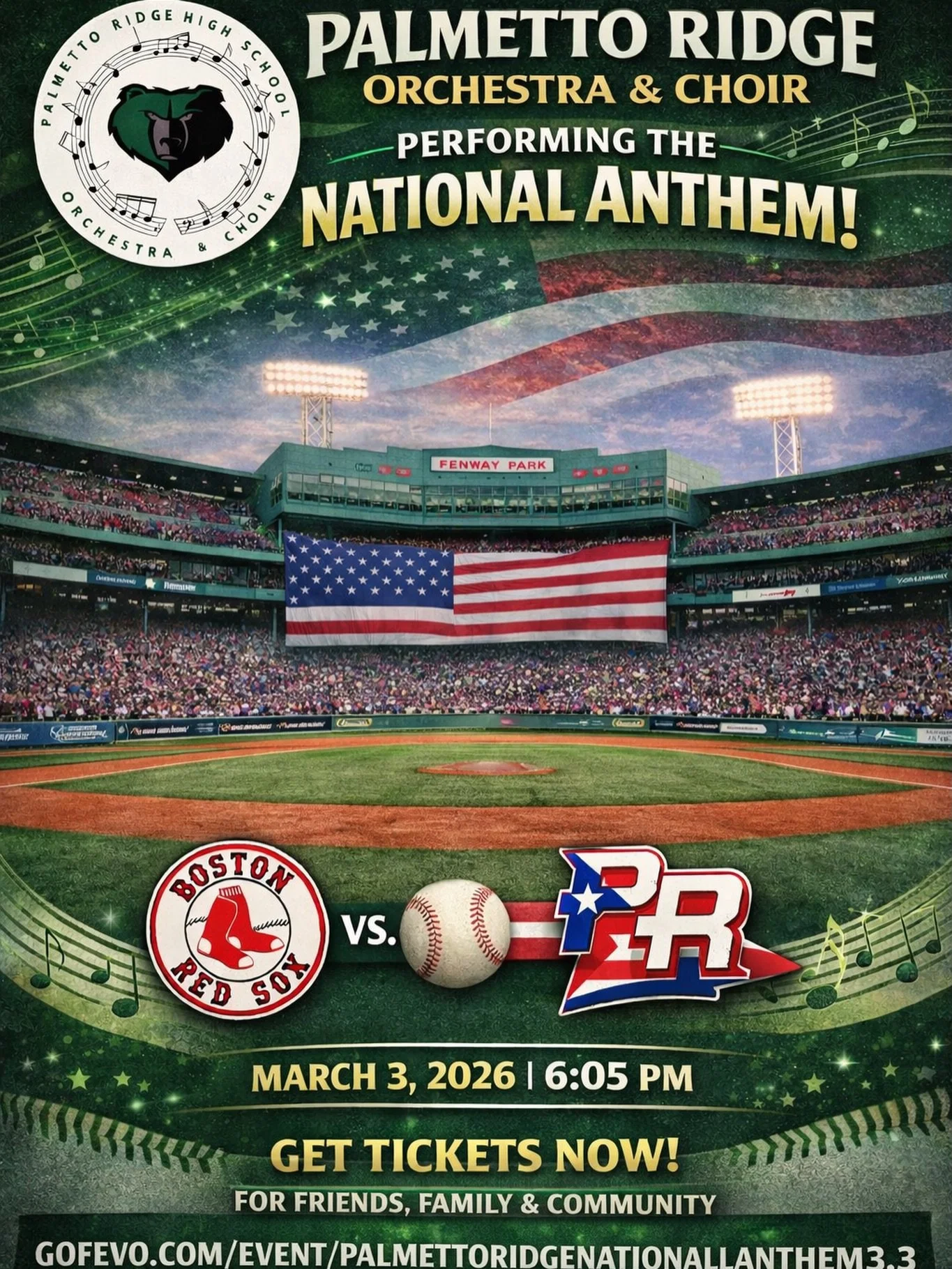The Palmetto Ridge Orchestra &amp; Choir are getting the chance of a lifetime to perform for a major sports team this March! Join us March 3rd as the Palmetto Ridge Orchestra &amp; Choir perform the National Anthem at the Boston Red Sox versus Puerto