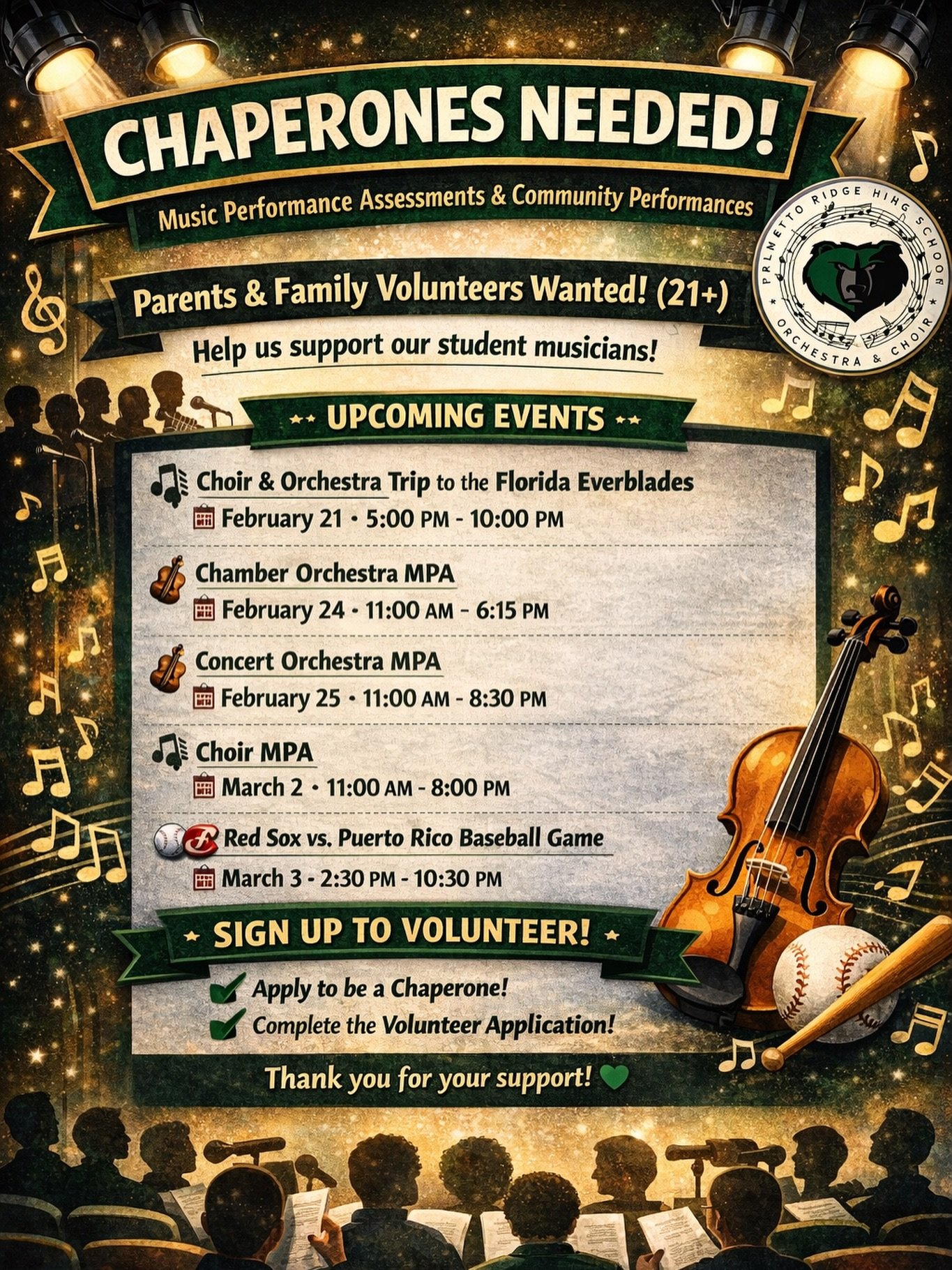 Hi everyone!

As we head into our busy performance season, we are looking for parent and family member volunteers (21+) to help chaperone several upcoming events. Chaperones play a huge role in helping our trips and performances run safely and smooth