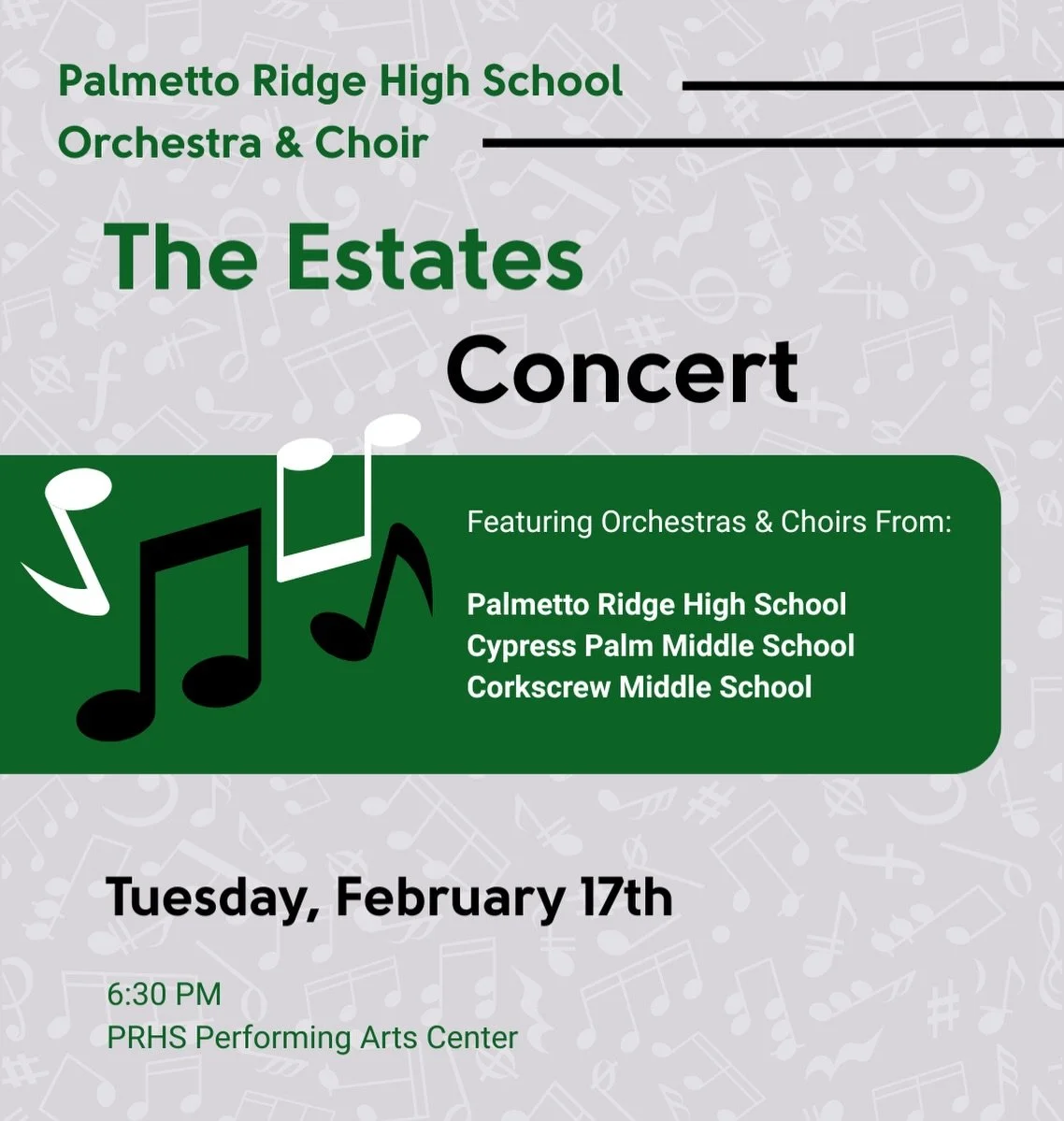Join us Tuesday, February 17th, for our Estates Pre-MPA Concert featuring the music programs of The Golden Gate Estates: Palmetto Ridge HS, Cypress Palm MS and Corkscrew MS!! 

Doors open at 6:00 PM
Concert Starts at 6:30 PM