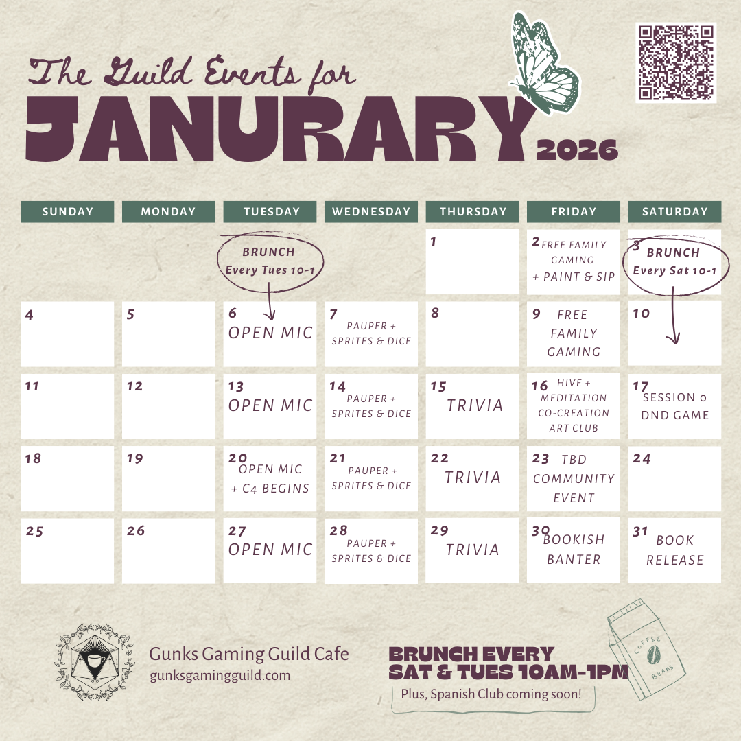 Calendar for Gunks Gaming Guild Cafe featuring events in January 2026, including open mic nights, trivia, family gaming, meditation, and book releases, with illustrations of a butterfly and a coffee cup.