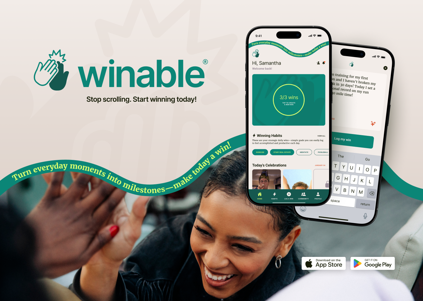 Promotional image for the Winable app featuring two smartphones displaying the app interface, a smiling woman giving a high five to another person, and a banner with the tagline 'Turn everyday moments into milestones—make today a win'.