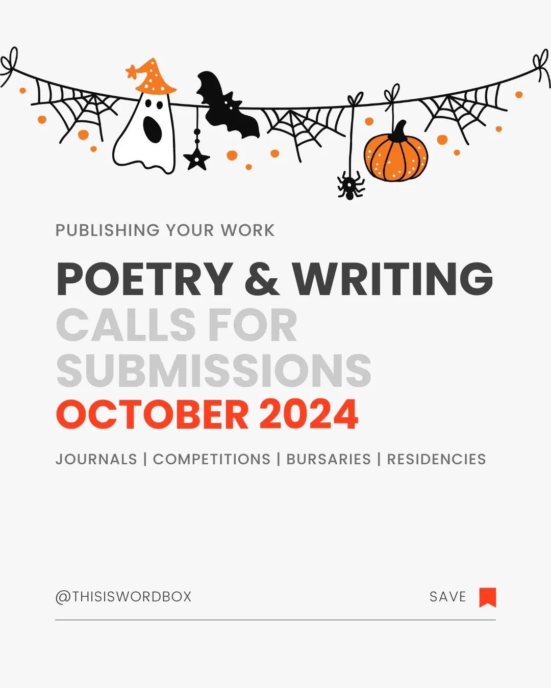 Over 160 calls for submissions of poetry, fiction, flash, non-fiction, art, photography &amp; more - competitions, literary journals, residencies, bursaries etc - open or with deadlines in October 2024. Best of luck &amp; pls share!

Link in Bio.

#c