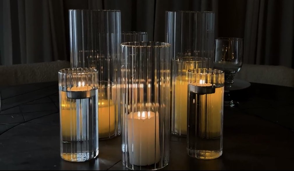 Ribbed cylinder vases includes LED votives, LED pillars & LED floating candles - 48 total ($4 each)