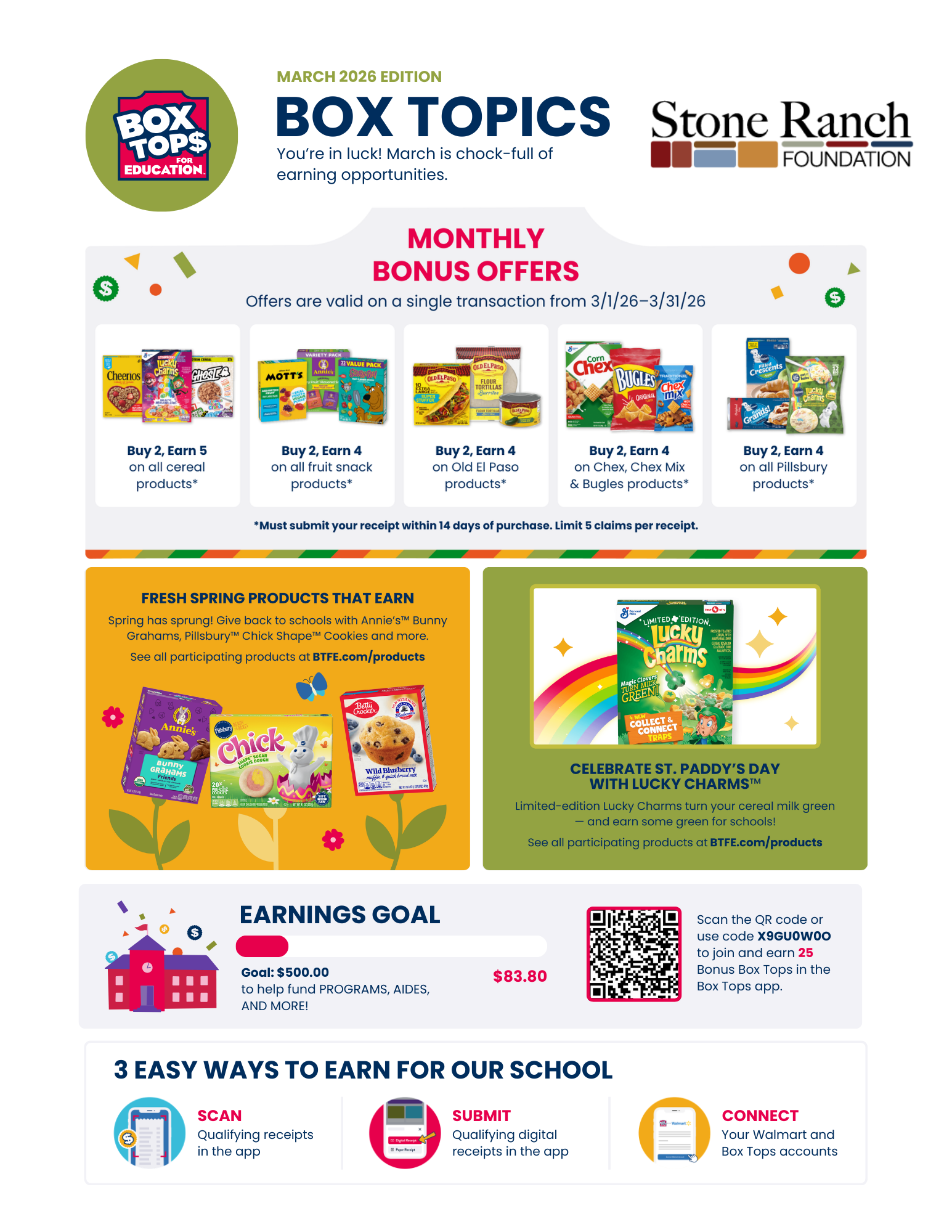 A colorful informational flyer for BOX TOPS for Education March 2026 edition, sponsored by Stone Ranch Foundation. It highlights monthly bonus offers on various grocery items, spring-themed products, and a Lucky Charms promotion for St. Patrick's Day. The flyer includes an earnings goal of $500 with $83.80 raised, and instructions on how to earn through scanning receipts and connecting accounts.