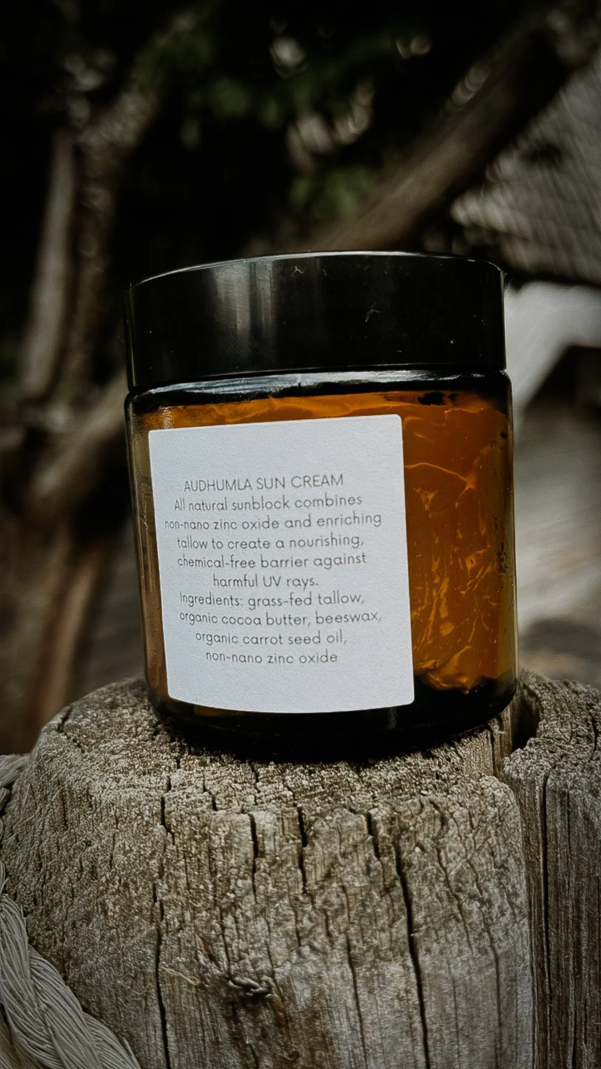 A jar of Audhumla Sun Cream with a black lid, placed on a wooden stump outdoors. The label mentions ingredients like grass-fed tallow, organic cocoa butter, beeswax, and organic carrot seed oil.