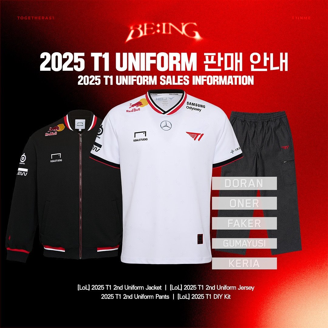 ✨𝟐𝟎𝟐𝟓 𝐓𝟏 𝐋𝐨𝐋 𝟐𝐧𝐝 𝐔𝐧𝐢𝐟𝐨𝐫𝐦 𝐋𝐢𝐧𝐞-𝐮𝐩✨

6월 4일부터 2025 T1 2nd Uniform의 선판매가 시작됩니다! 선판매에 대한 보다 자세한 내용은 t1.fan에서 확인하실 수 있습니다.

Pre-sales for the 2025 T1 2nd Uniform starts June 4th. Please visit the t1.fan for more details!

#Together