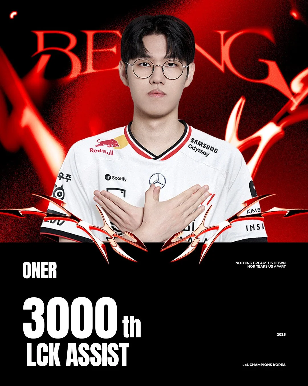 𝗢𝗨𝗥 𝗝𝗨𝗚, 𝗢𝗡𝗘𝗥 | 𝟮𝟬𝟮𝟭.𝟬𝟮.𝟮𝟭~

&lsquo;Oner&rsquo; 선수가 LCK 통산 3,000 어시스트를 달성했습니다.
우리의 정글 &lsquo;Oner&rsquo; 선수에게 축하의 말을 전해주세요!

&lsquo;Oner&rsquo; has recorded his 3,000th LCK Assist!
Congratulations to our Owner of the Rift, &lsquo;On