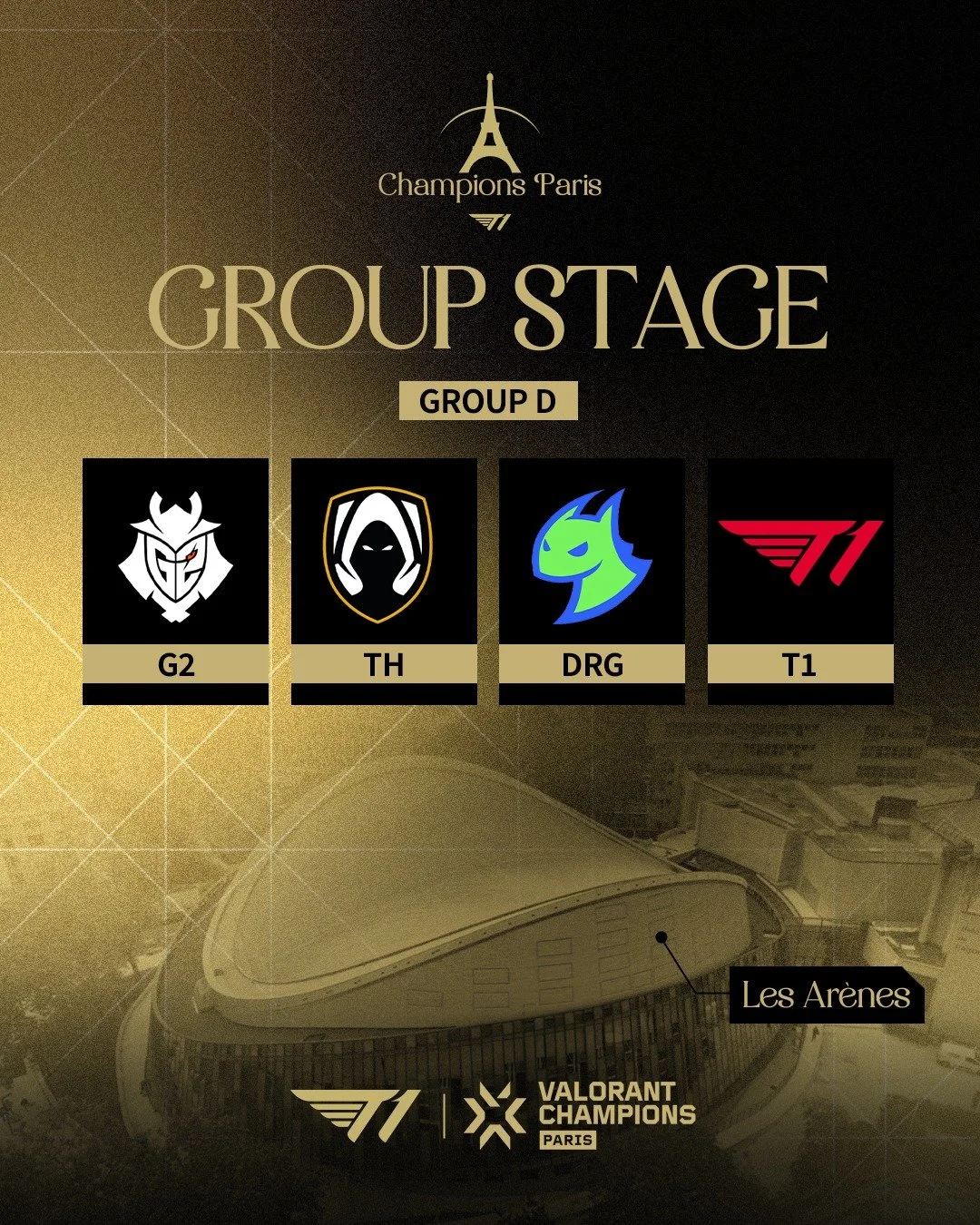 2025 Champions Paris 조 추첨 결과
D조에서 쟁쟁한 팀과 맞붙게 된 T1 선수단에게 응원의 댓글을 보내주세요!

2025 Champions Paris Group Draw
T1 has been placed in Group D against some of the strongest teams.
Leave a message of support for our players! 👊

#T1VALORANT #ChampionsParis