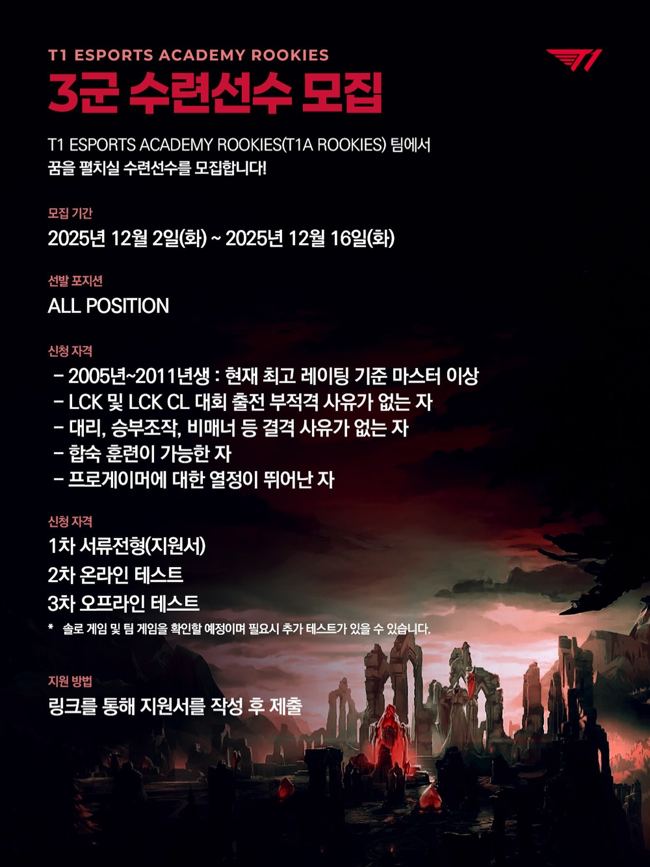 ⚔️T1A ROOKIES 3군 수련 선수 모집⚔️

T1A ROOKIES 팀에서 꿈을 펼치실 수련 선수를 모집합니다.
자세한 내용은 아래 이미지를 참고해 주세요!

🔗 https://forms.gle/mteNUskJhSGFnZkw7

#TogetherAs1