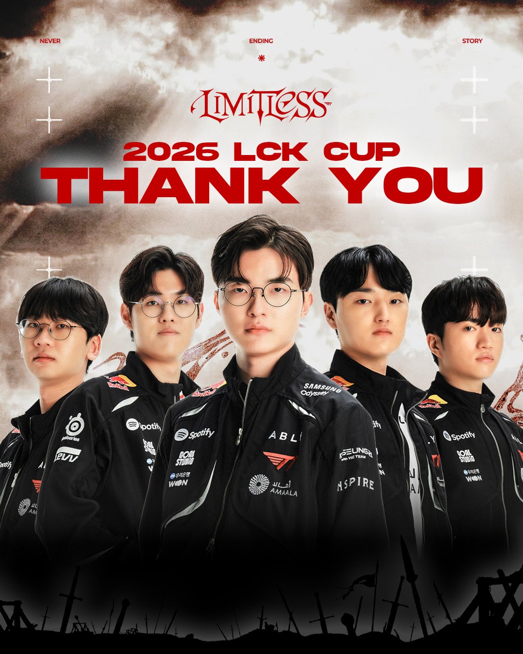 𝐓𝐡𝐚𝐧𝐤 𝐲𝐨𝐮, 𝟐𝟎𝟐𝟔 𝐋𝐂𝐊 𝐂𝐔𝐏

오늘부로 T1의 2026 LCK CUP이 마무리되었습니다.
2026년의 첫걸음을 내딛는 자리였던 이번 대회는 여기서 멈추지만, 정규 시즌에서는 더욱 단단해진 모습으로 돌아오겠습니다. 언제나 함께해 주시는 팬 여러분의 응원에 깊이 감사드립니다.

T1&rsquo;s run at LCK CUP has come to an end. This tournament marked o