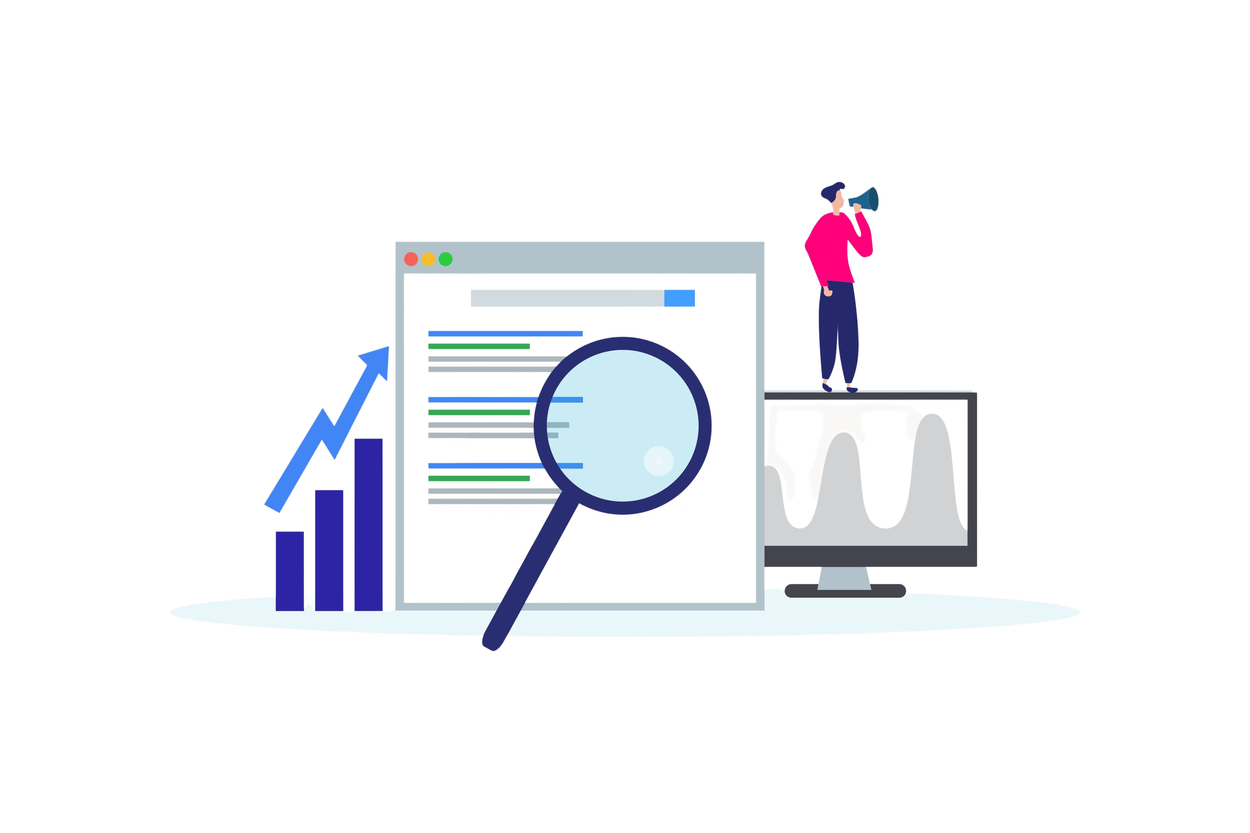 Illustration of a person with a megaphone looking at a computer monitor and a graph showing an upward trend, with a magnifying glass over a window with lines of code.
