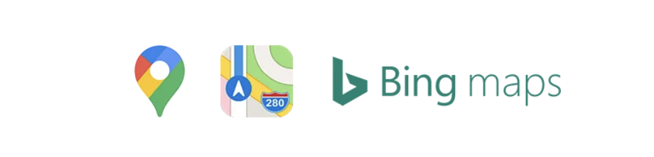 Icons of a map pin, a map, and Bing maps logo.