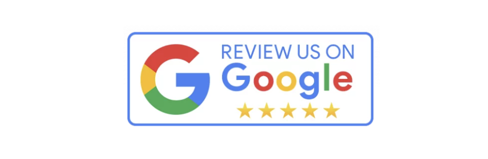 A rectangular badge with a blue border, displaying the Google logo and the text 'REVIEW US ON Google' with five gold stars below.