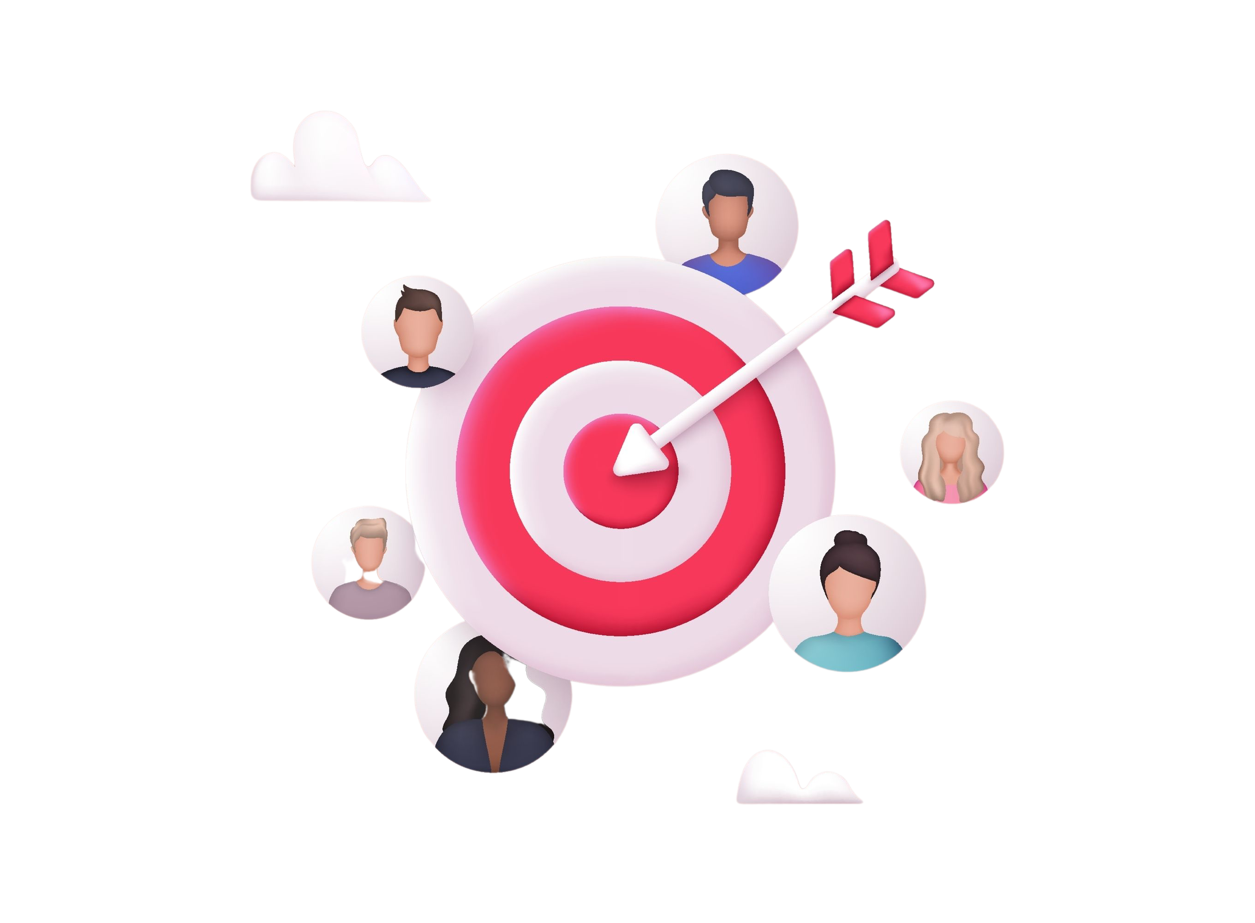 Illustration of a target with an arrow hitting the bullseye, surrounded by diverse human profile icons connected to the target, representing teamwork or goal achievement.