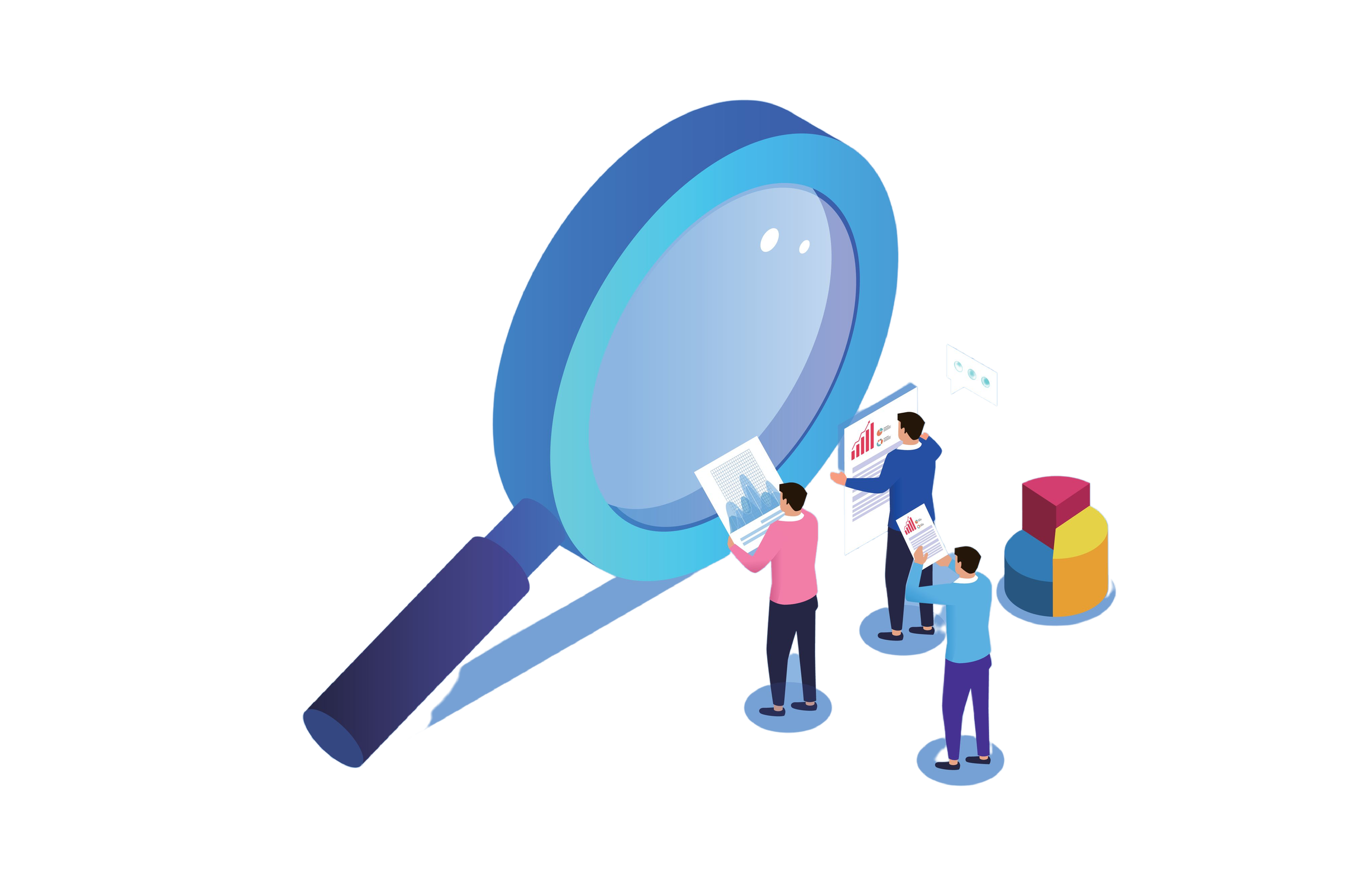 Illustration of three people analyzing data and charts through a large magnifying glass, with a pie chart and bar graph in the background.