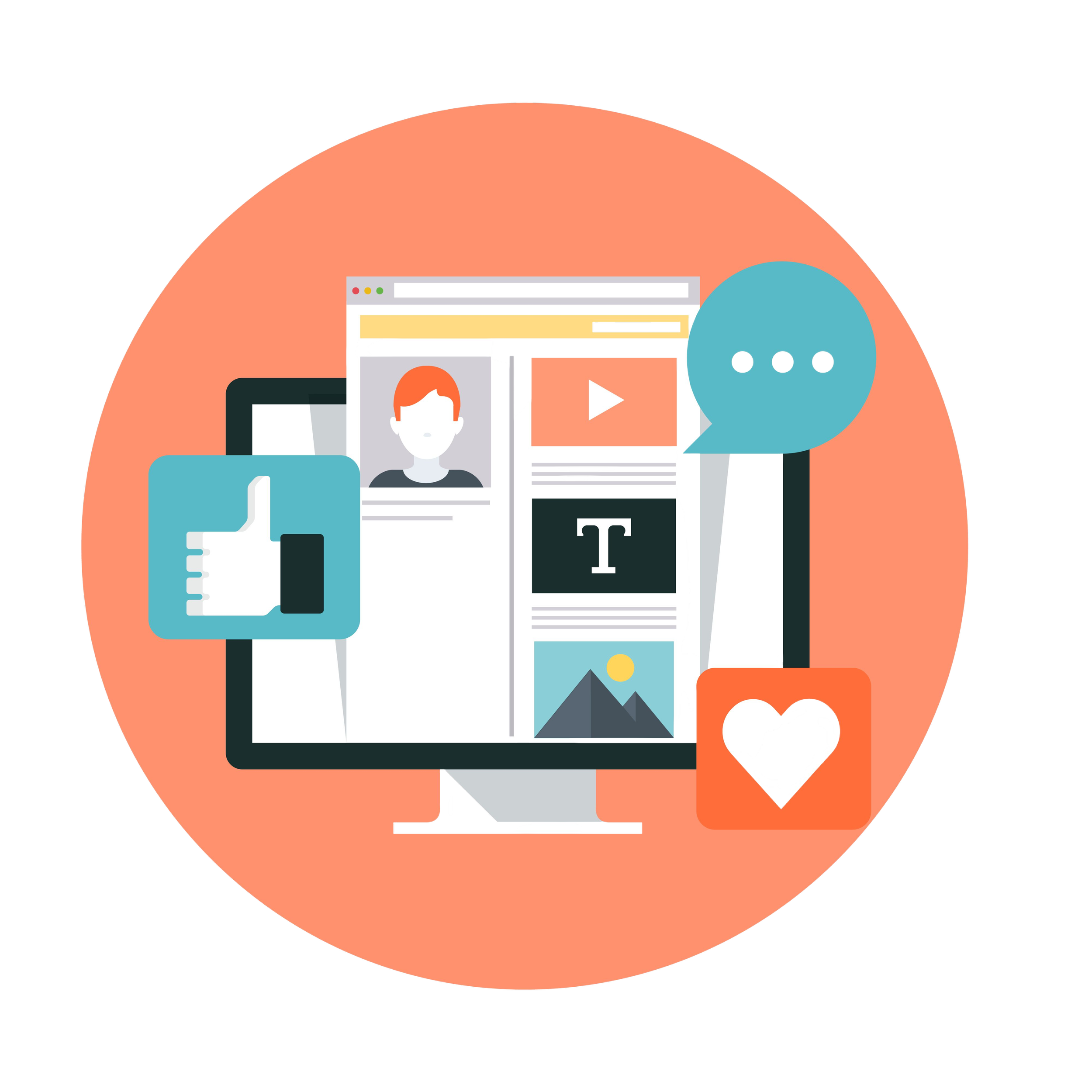 Illustration of digital devices including a smartphone, tablet, and laptop displaying various digital content, with chat bubbles and user profile icons overlaid.